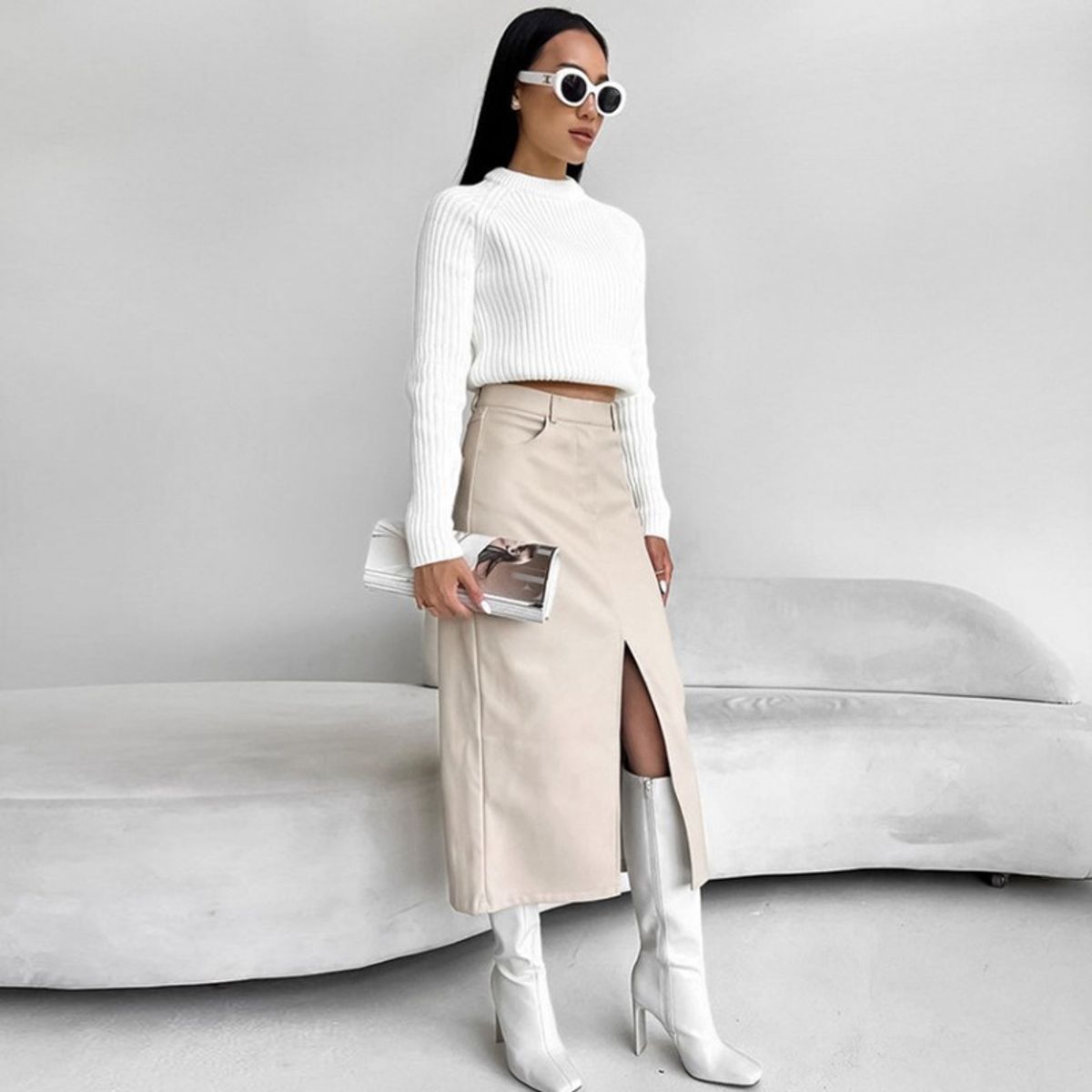 GIOIO - Falda piel PU ajustada forro cálido vintage abertura lateral