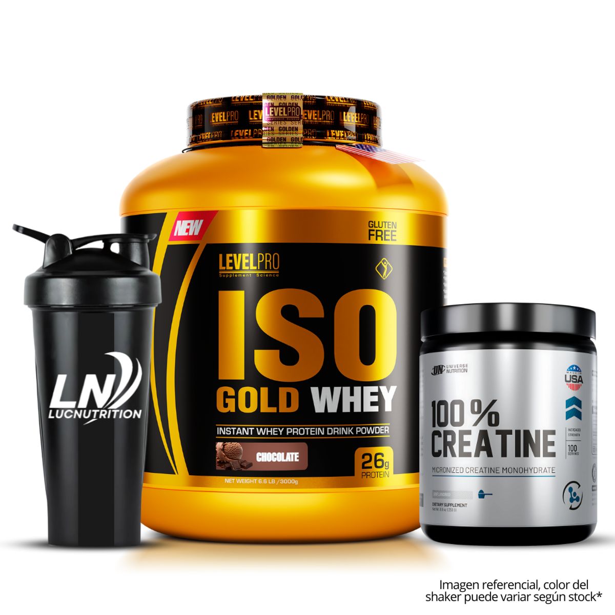 LEVEL PRO - Iso Gold Whey 3 kg chocolate + 100 % Creatina UN 250 gr + shaker