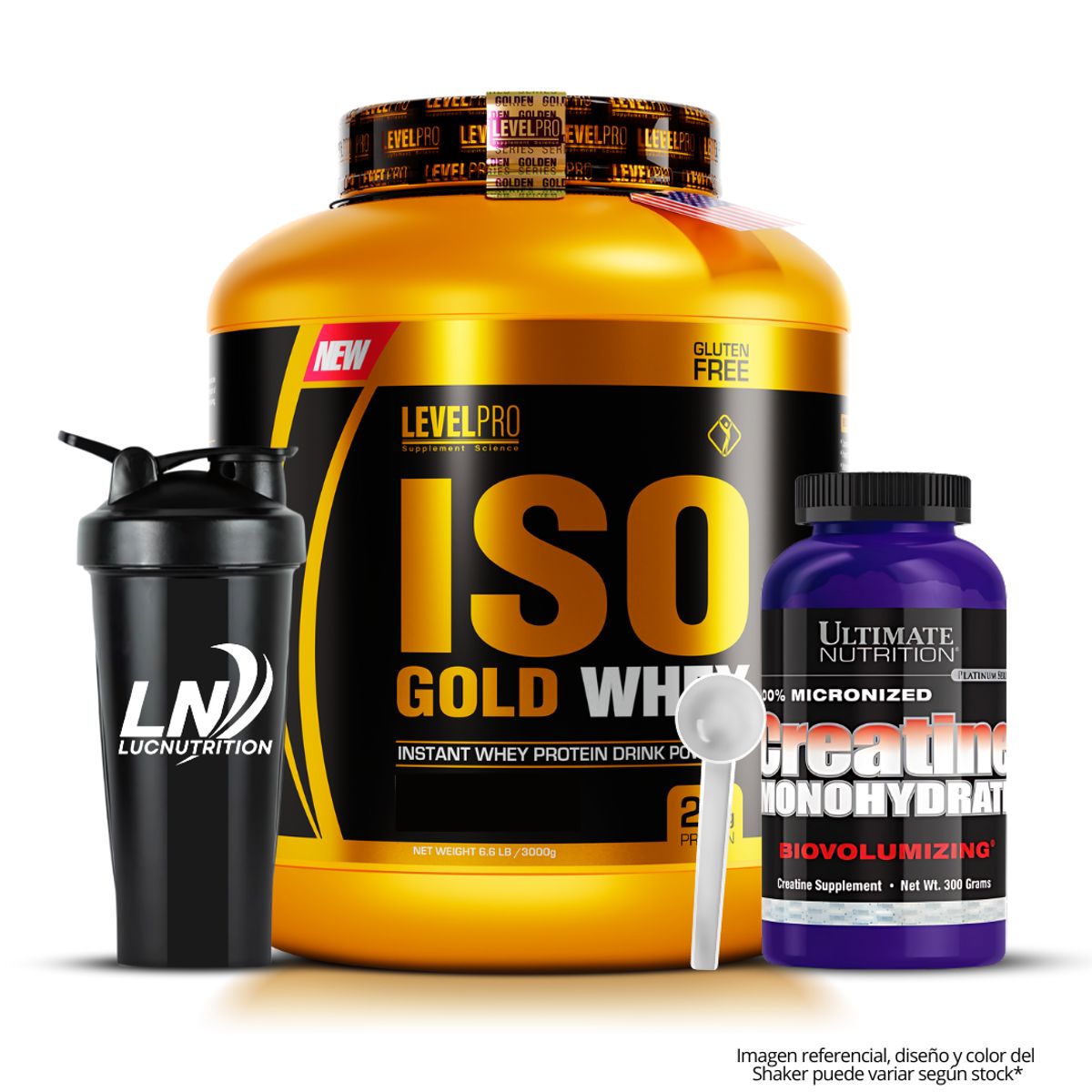 LEVEL PRO - Iso Gold Whey 3 kg Proteina - Vainilla + Creatina Ultimate Nutrition 300 g + shaker + Scoop