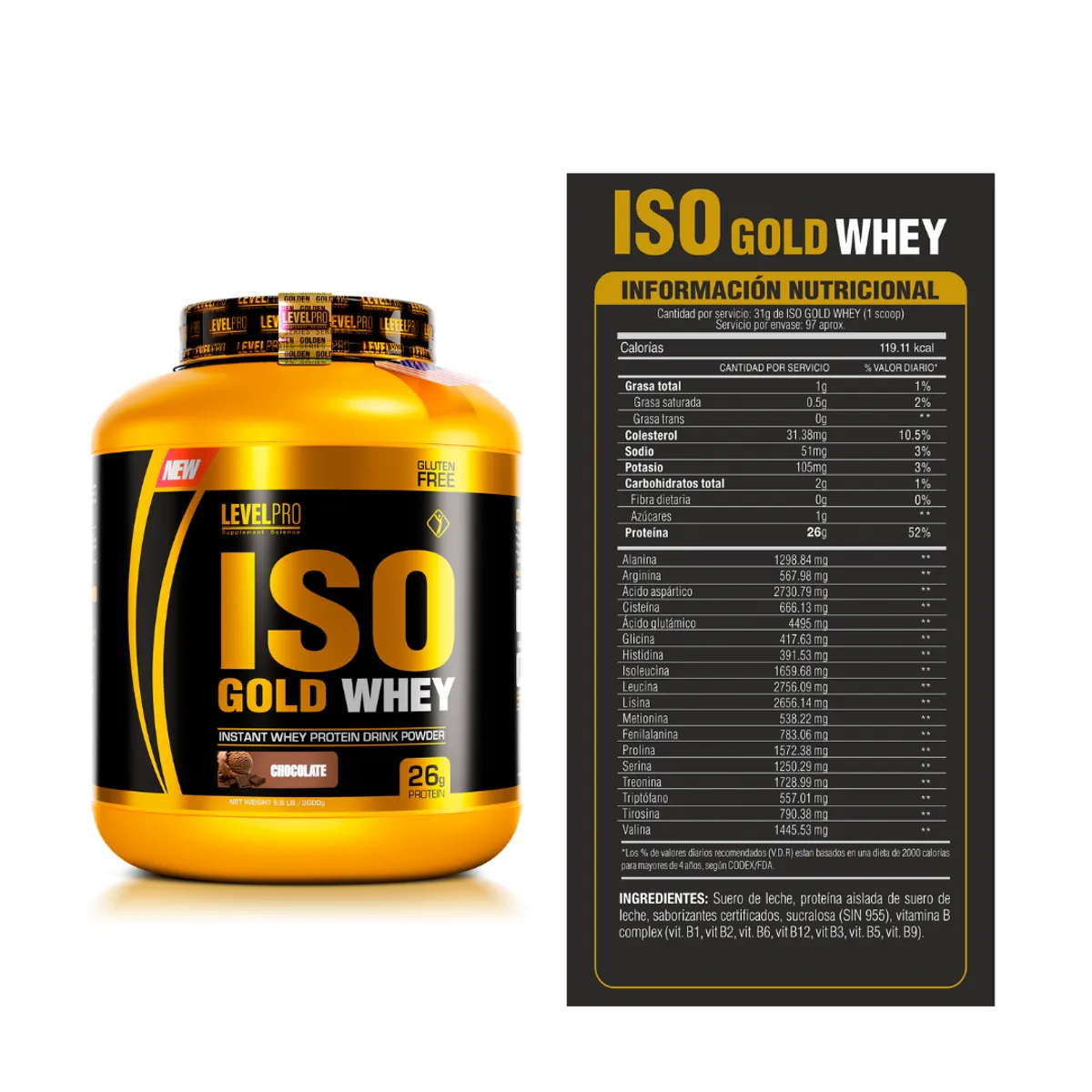LEVEL PRO - Iso Gold Whey 3 kg Proteina - Vainilla + Creatina Ultimate Nutrition 300 g + shaker + Scoop