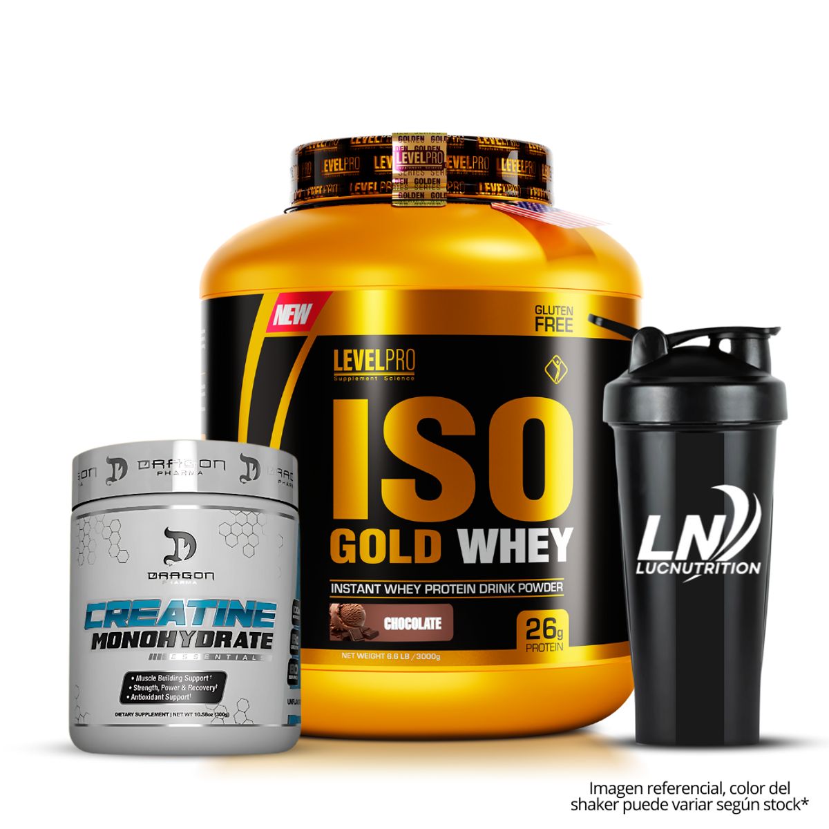 LEVEL PRO - Iso Gold Whey 3 kg chocolate + Creatina dragon pharma 300 g + shaker
