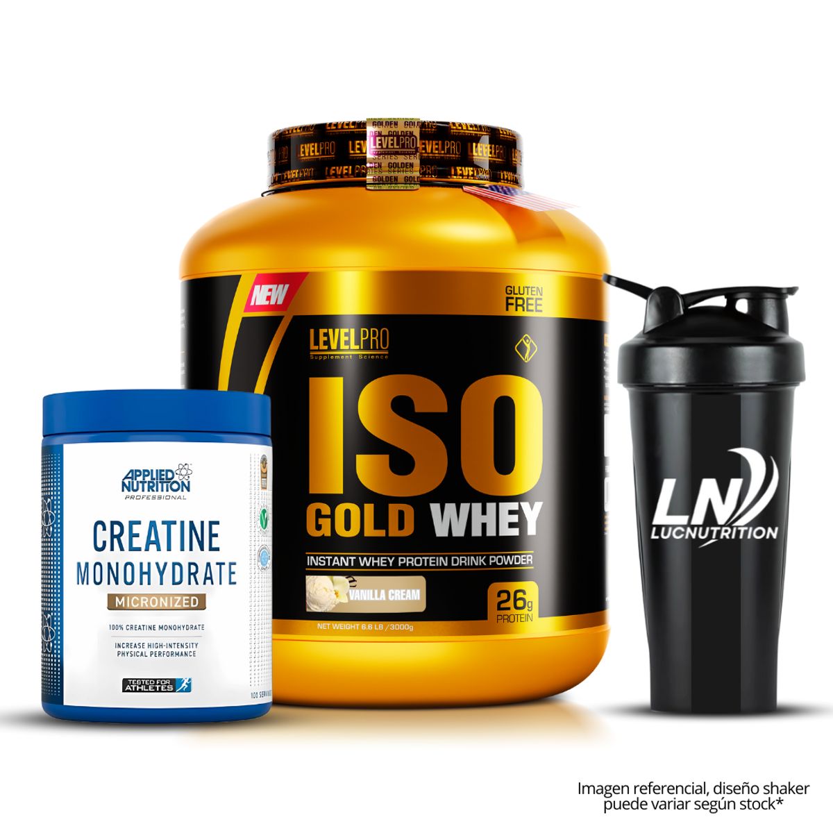 LEVEL PRO - Iso Gold Whey 3 kg vainilla Creatina applied nutrition 500 gr shaker