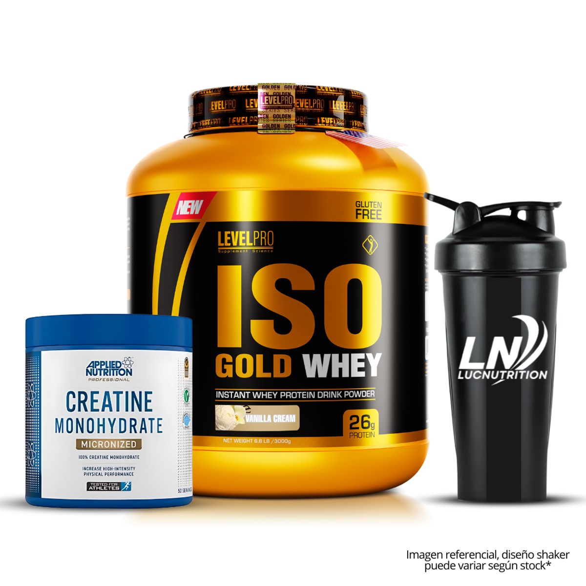 LEVEL PRO - Iso Gold Whey 3 kg vainilla Creatina applied nutrition 250 gr shaker
