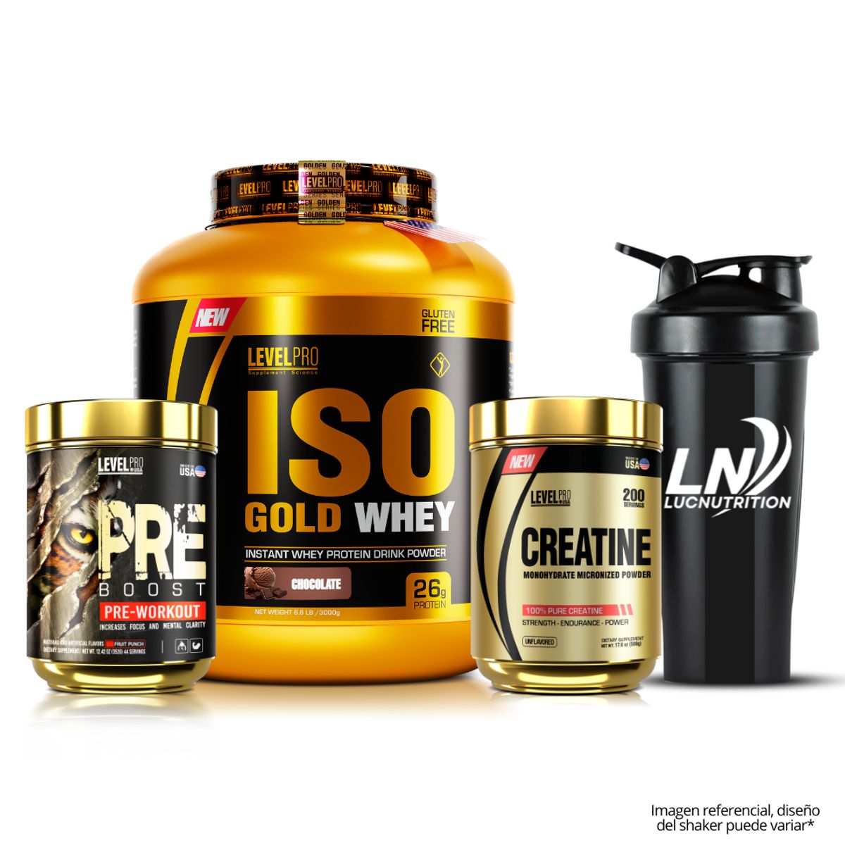 LEVEL PRO - Iso gold whey 3 kg rich chocolate + creatina level pro 500 g + pre boost fruitpunch 44 serv +shaker