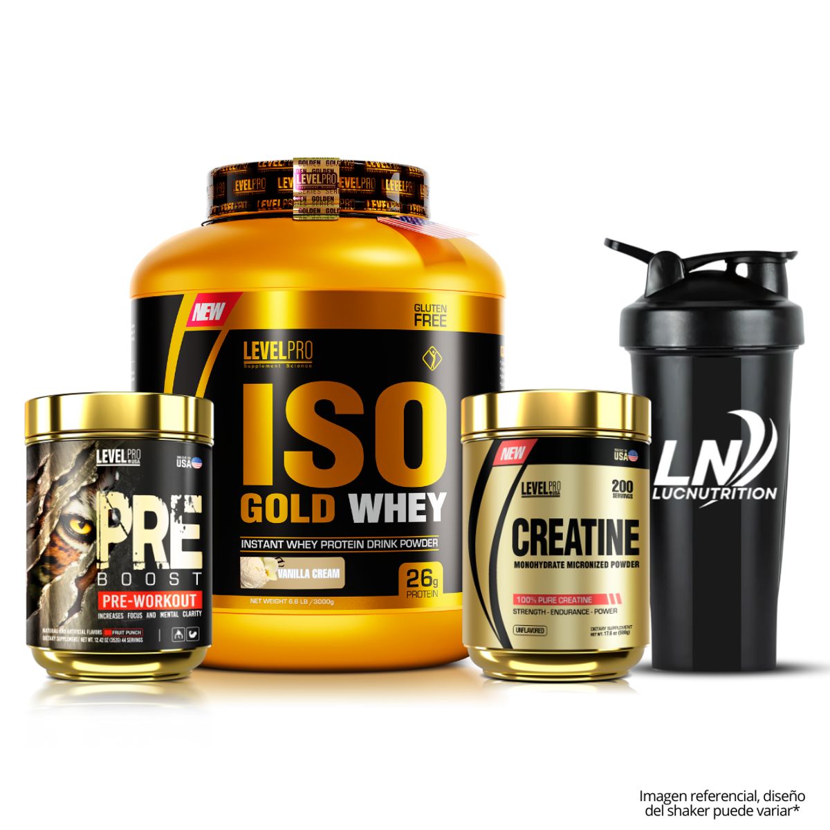 LEVEL PRO - Iso gold whey 3 kg vainilla + creatina level pro 500 g + pre boost fruit punch 44 servicios + shaker