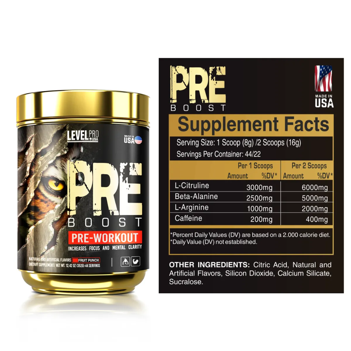 LEVEL PRO - Pre Entreno Pre Boost 44 servicios - Fruit punch + straps