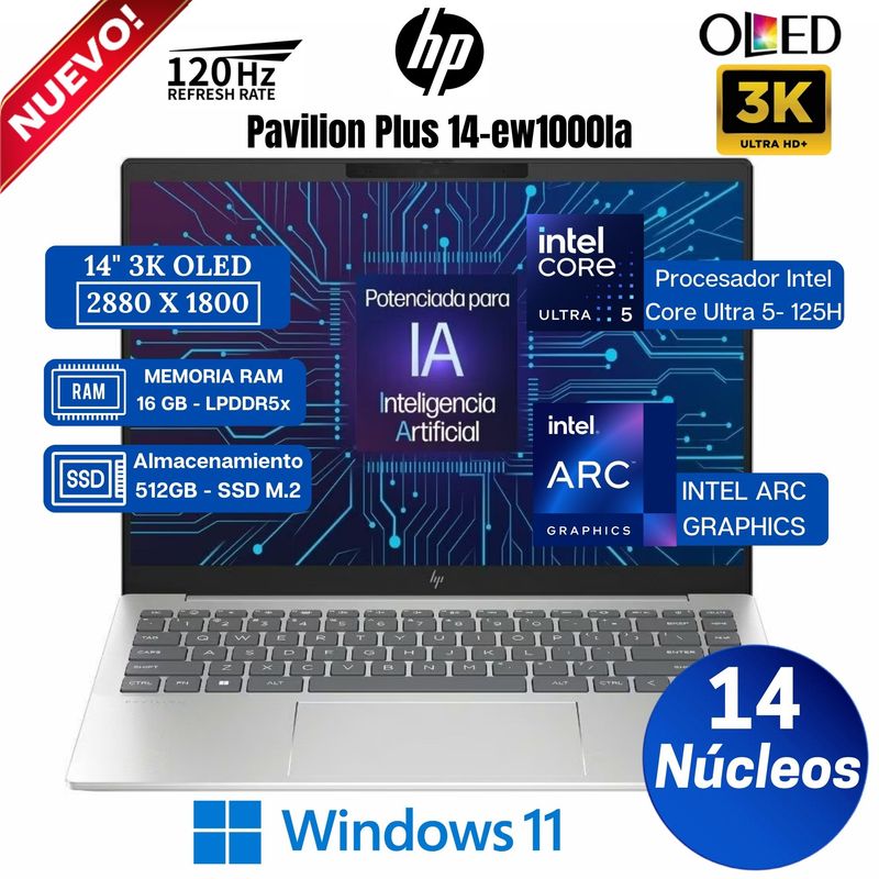 HP - Laptop HP Pavilion Plus 14-ew1000la 14” 3K OLED, Core Ultra 5-125H, Ram 16GB, Ssd 512GB, Win 11