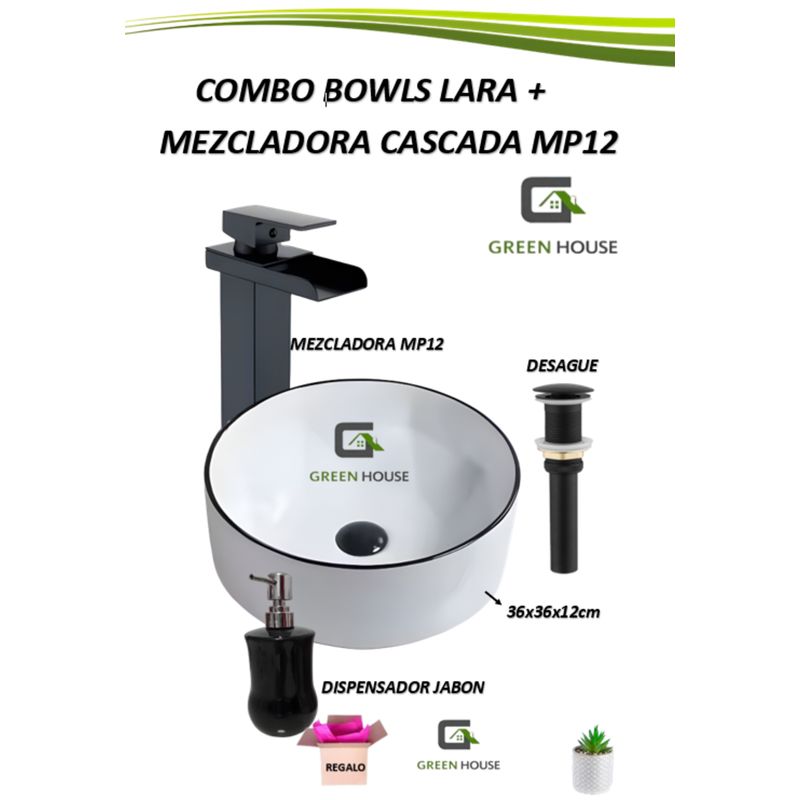 GREEN HOUSE - COMBO BOWLS LARA + MEZCLADORA CASCADA MP04 + DESAGUE NEGRO