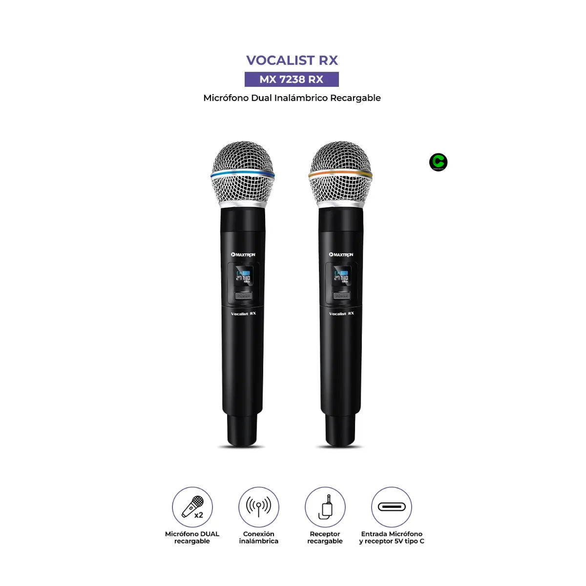 MAXTRON - Micrófono Maxtron Vocalist RX MX7238RX Wireless Karaoke Pack x2