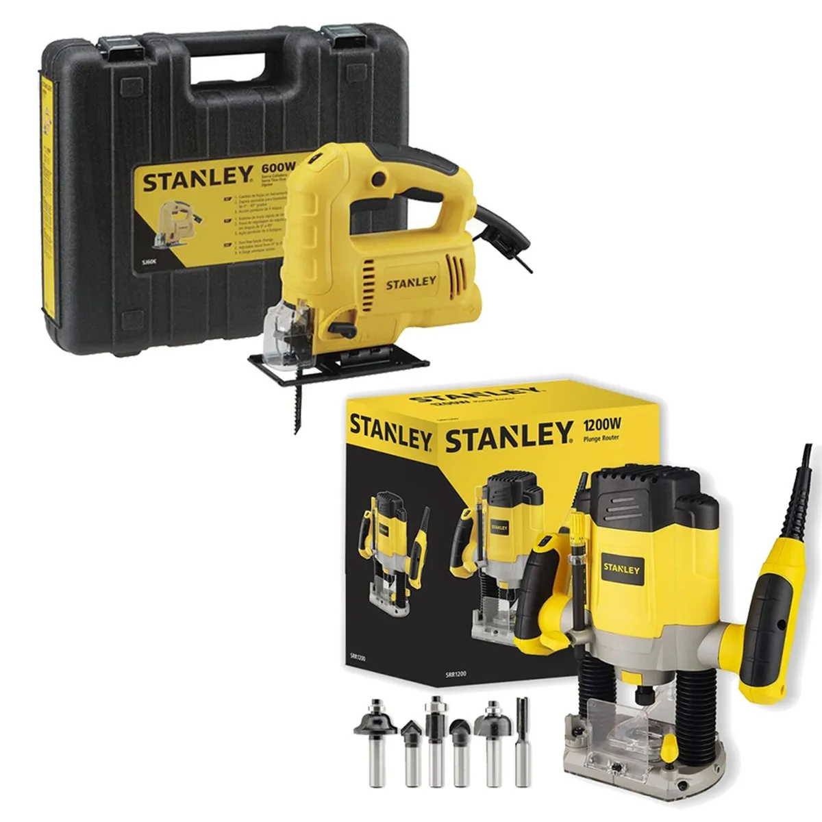 STANLEY - Ruteadora 14 1200W 6 Fresas + Sierra Caladora 600W SRR1200-K10