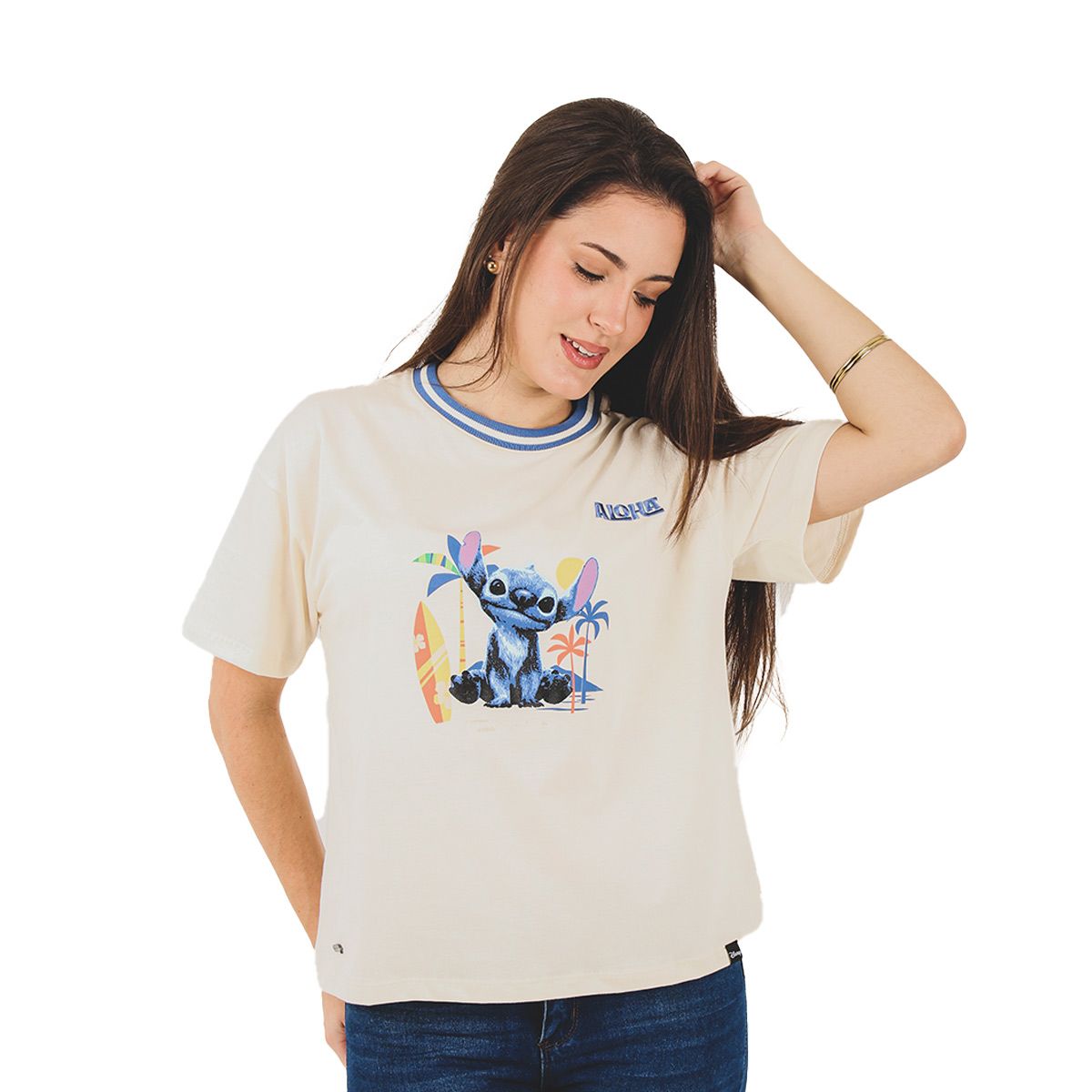 LILO & STITCH - Polo Oversize Semi Crop Mujer Lilo y Stitch Manga Corta Color Marfil