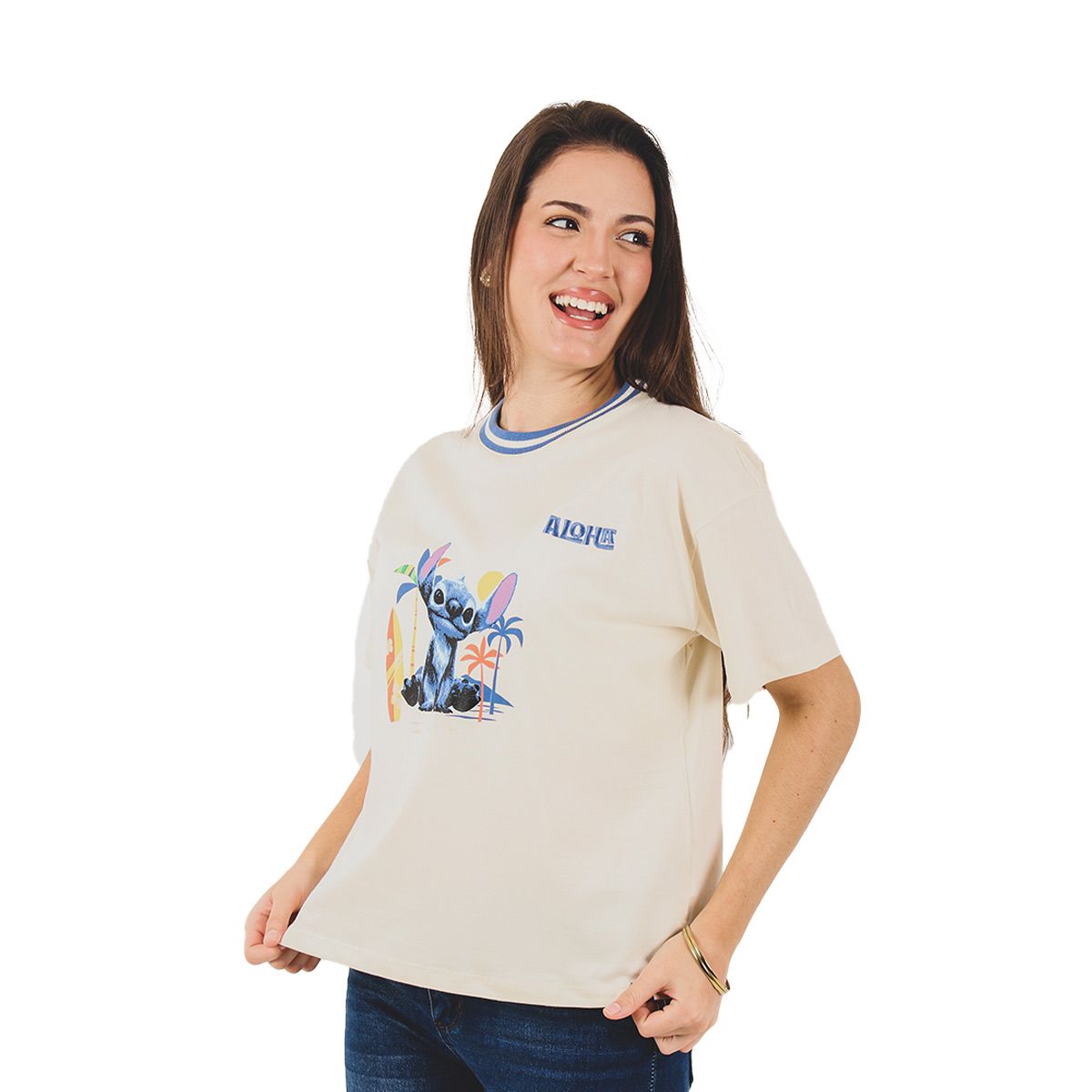 LILO & STITCH - Polo Oversize Semi Crop Mujer Lilo y Stitch Manga Corta Color Marfil