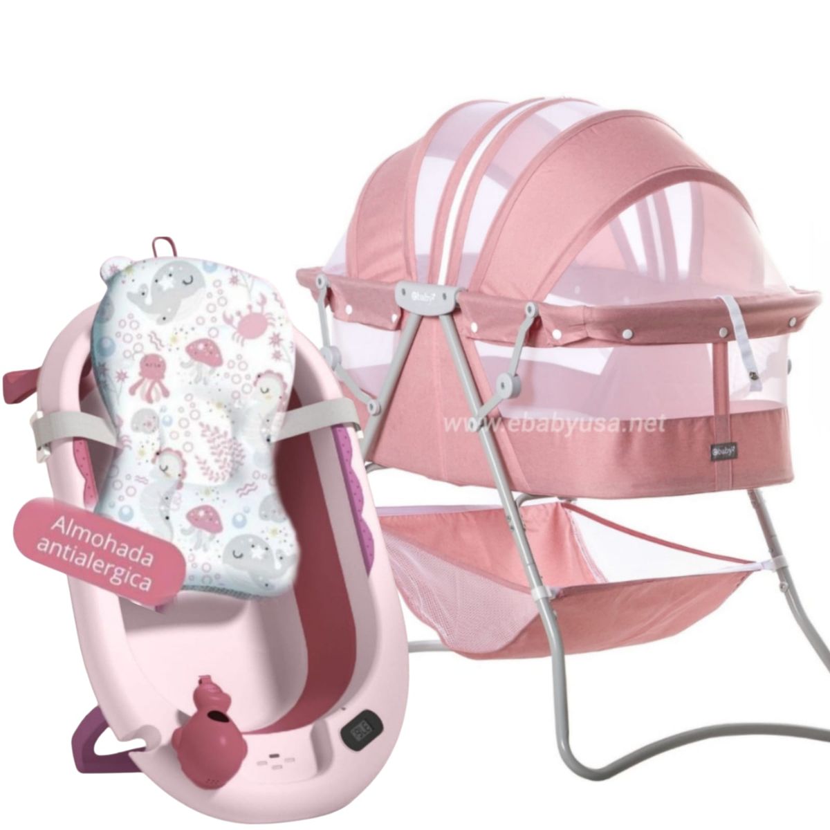 EBABY - Cuna Portátil Plegable DOLLY + Tina cojín temporizador ROSA