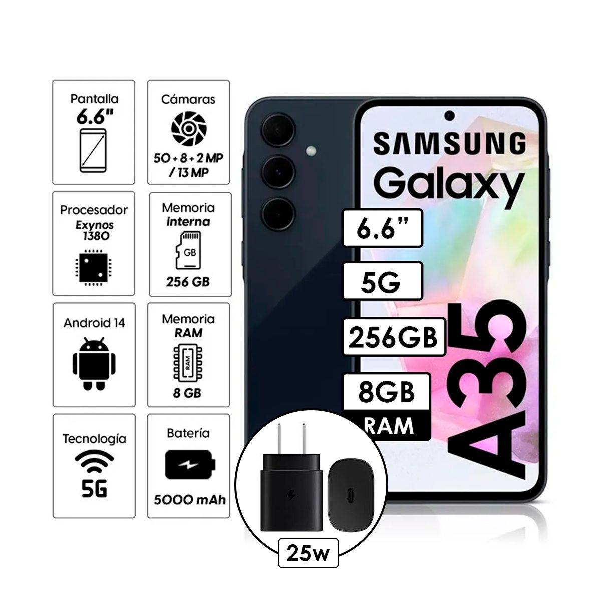 SAMSUNG - Celular Samsung Galaxy A35 5G 8GB RAM 256GB Negro + Cargador de 25w Negro