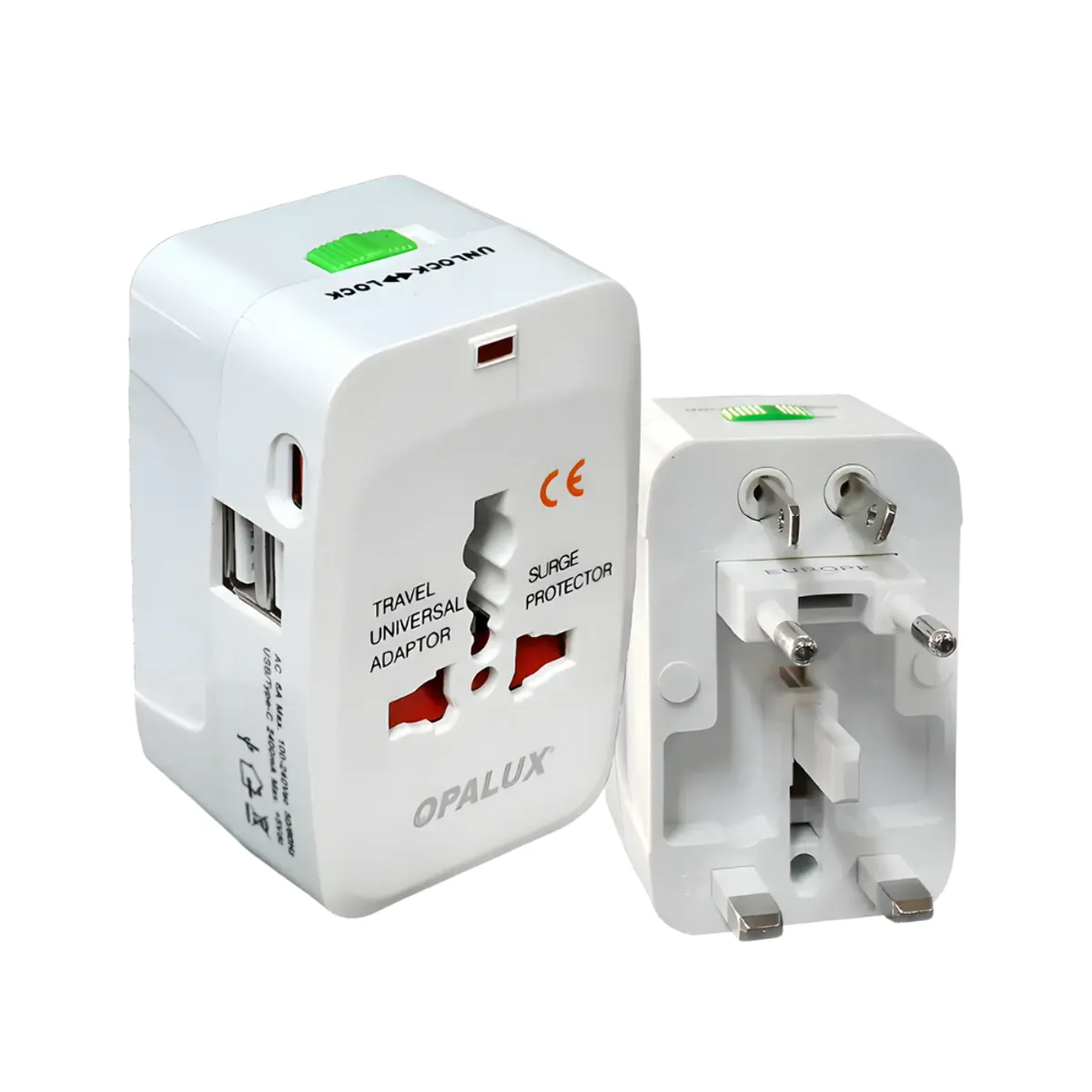 OPALUX - Adaptador Enchufe Multiple Viajero con 2 Entradas USB y 1 Tipo C