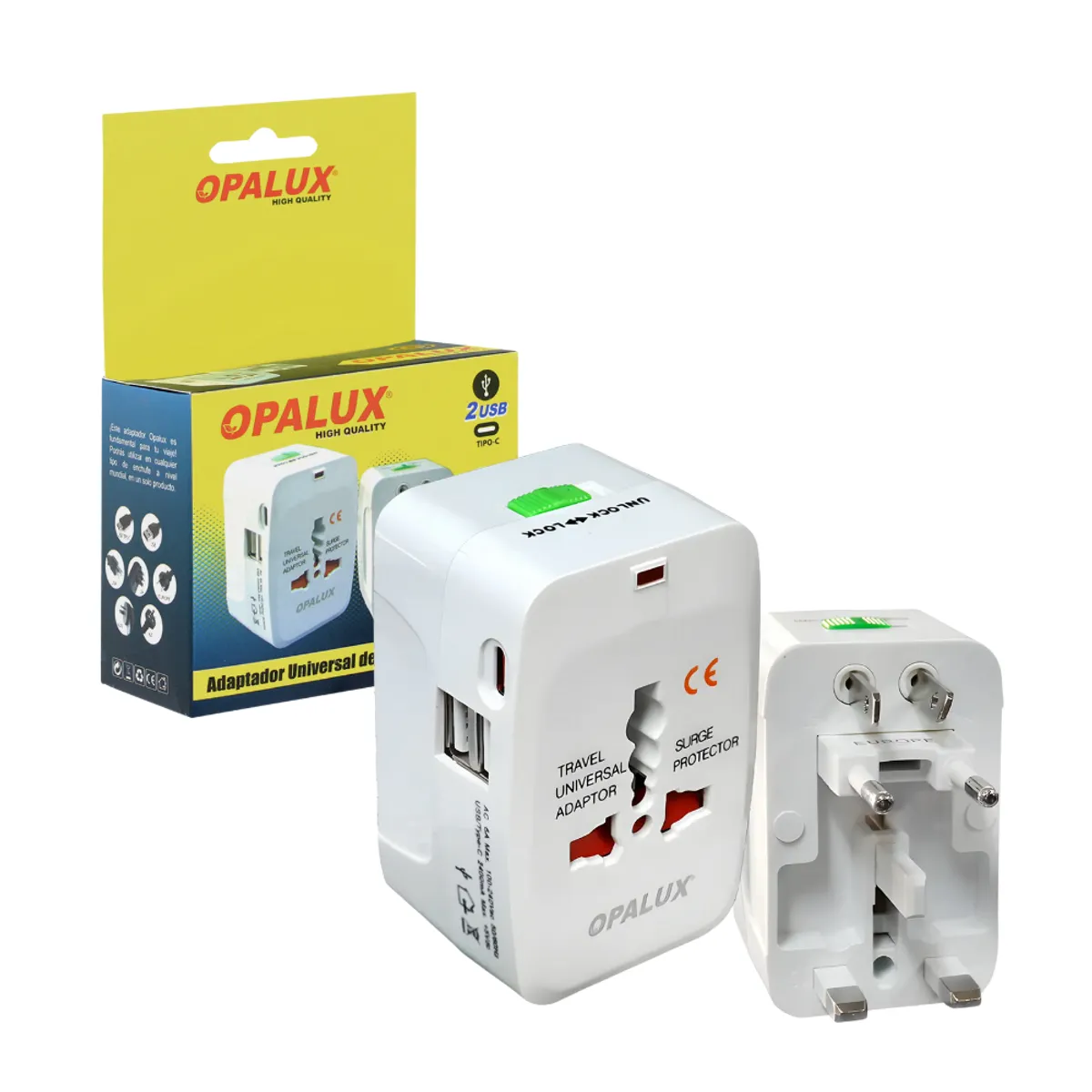 OPALUX - Adaptador Enchufe Multiple Viajero con 2 Entradas USB y 1 Tipo C