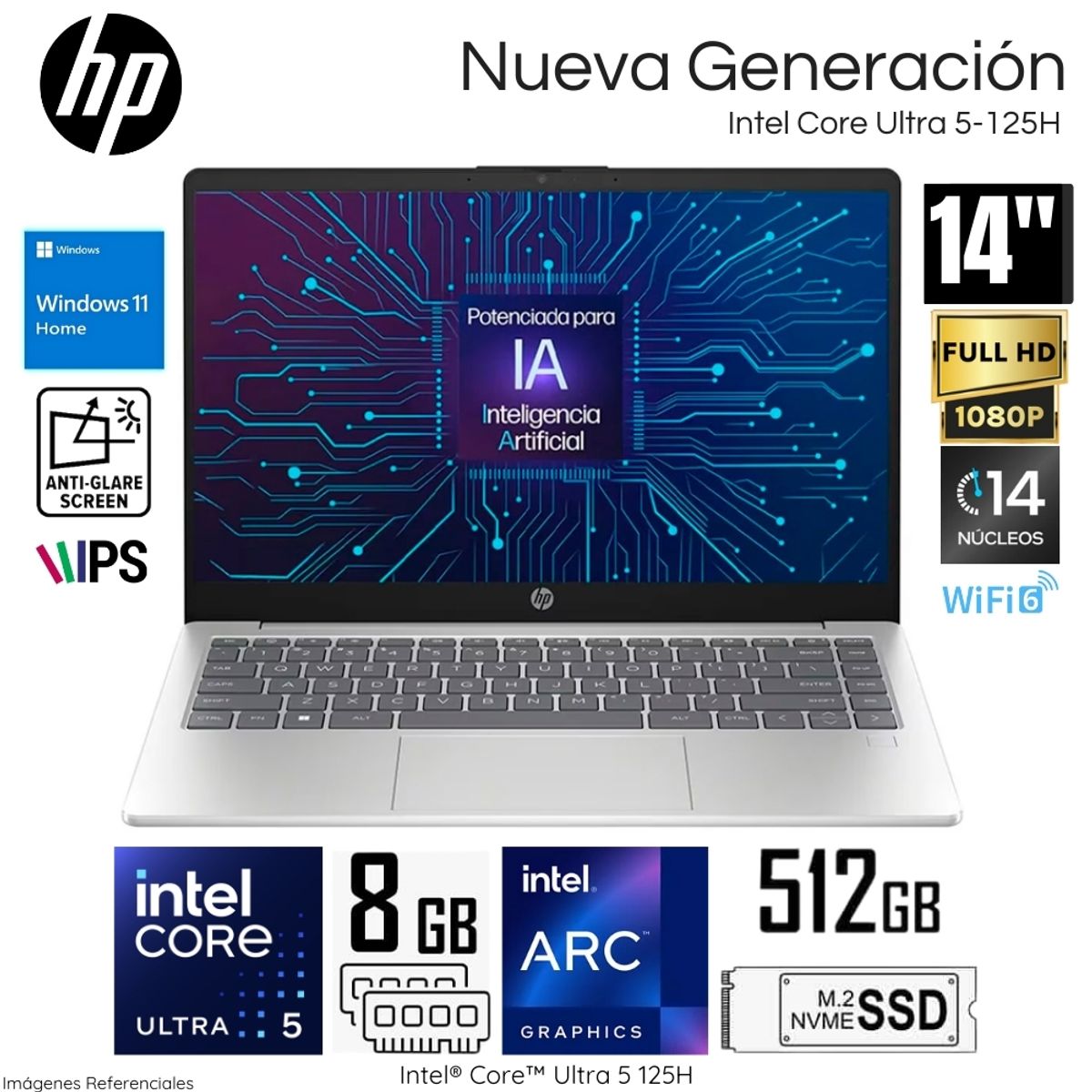 HP - Laptop HP 14-EP1001LA Intel Core Ultra 5-125H 8GB RAM 512GB SSD 14"  FHD IPS Plata Natural
