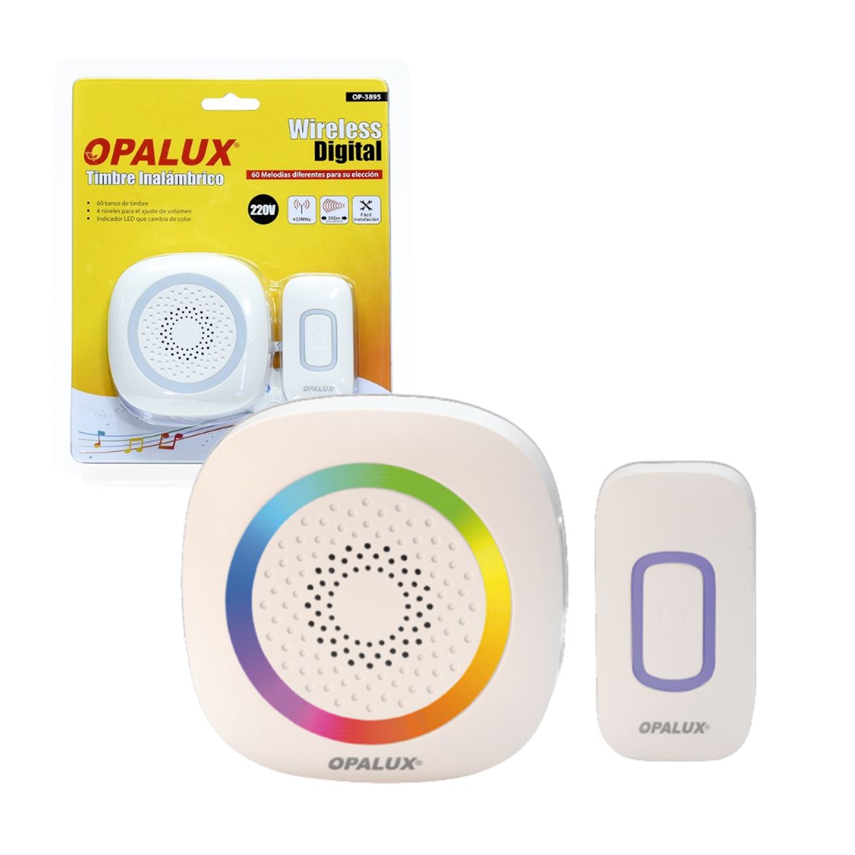 OPALUX - Timbre Inalambrico RBG 300 metros 60 Melodias Opalux OP-3895