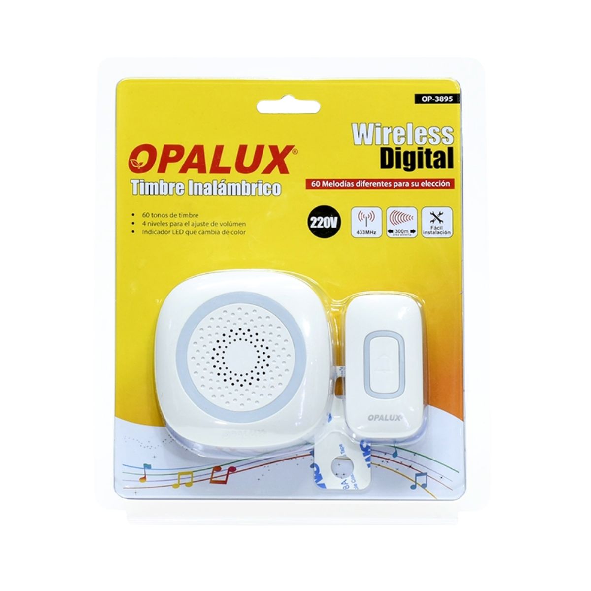 OPALUX - Timbre Inalambrico RBG 300 metros 60 Melodias Opalux OP-3895