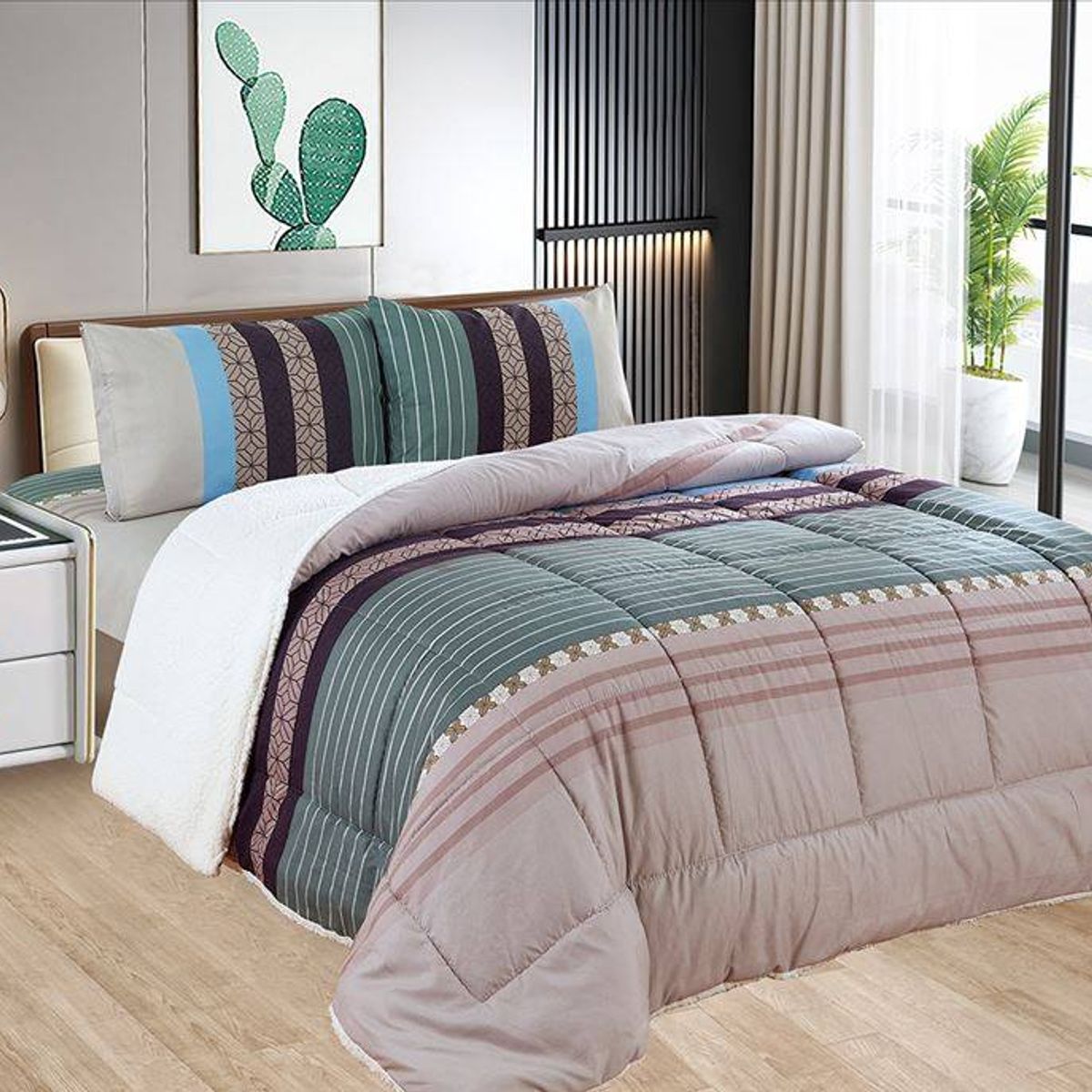 CASATEX - Edredón con Sherpa Premium 2 plazas + Juego de sábanas 100% Algodón