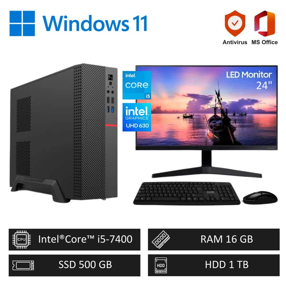 INTEL - Computadora PC Intel Core i5 16GB RAM 500GB SSD 1TB HDD + Monitor LED 24 pulg