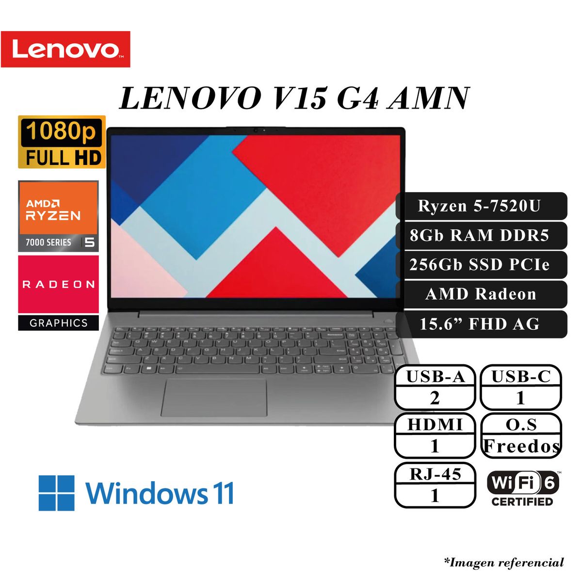 LENOVO - LAPTOP LENOVO V15 G4 AMN AMD RYZEN 5-7520U 8GB DDR5 256GB SSD 15.6 FHD ARTICC_GREY