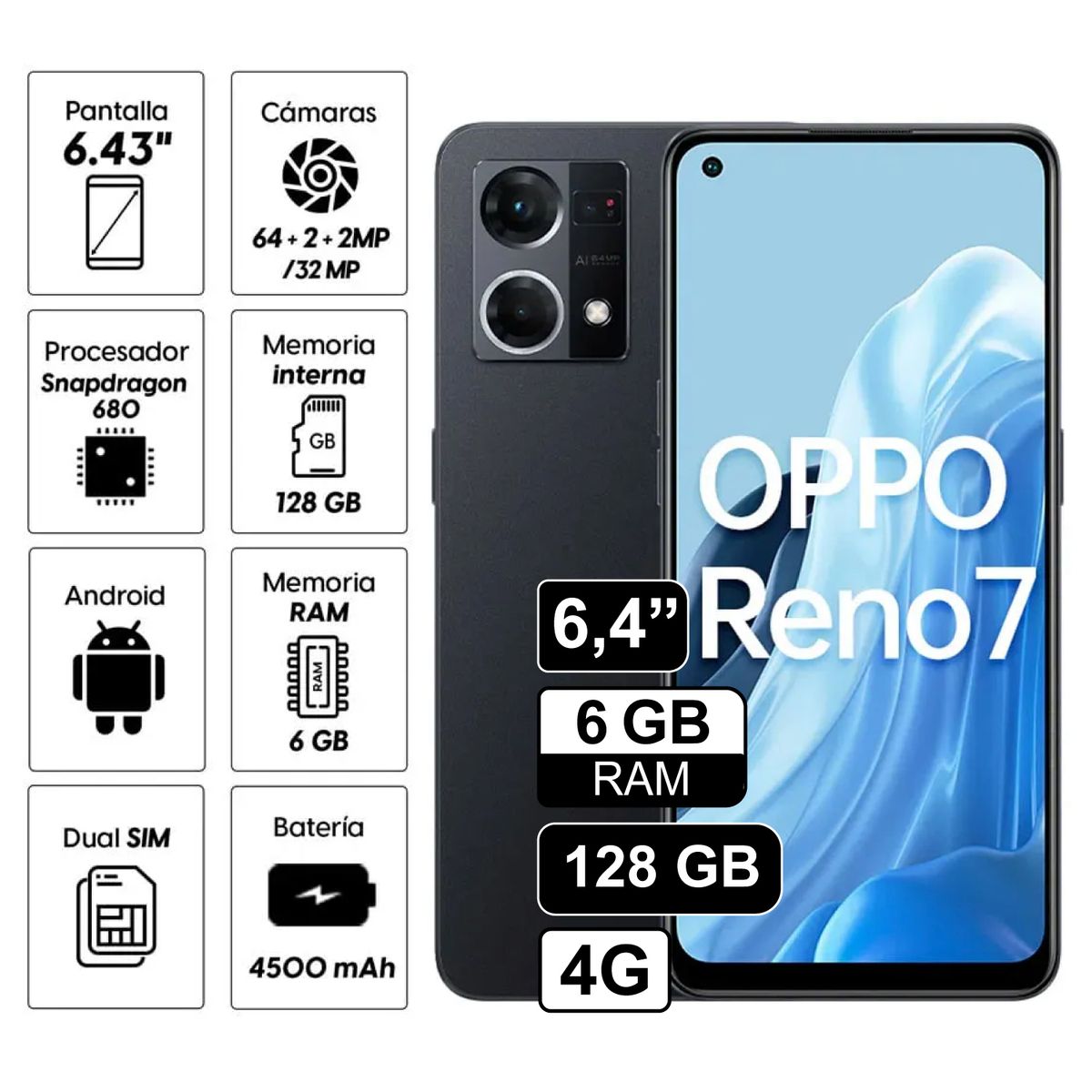 OPPO - Celular Oppo Reno 7 128GB, 6GB ram, cámara principal 64 + 2 + 2MP, frontal 32MP, 6.43", negro