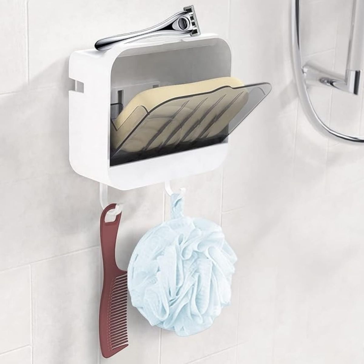 WELL BEING - Jabonera de Pared con Tapa Drenaje y Ganchos  Pack x2