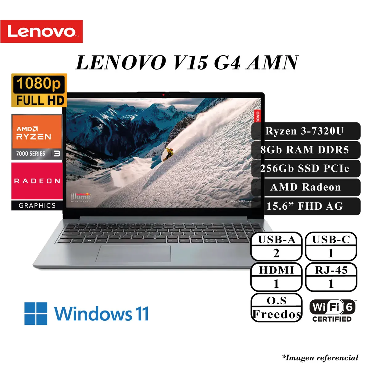LENOVO - LAPTOP LENOVO V15 G4 AMN AMD RYZEN 3 -7320U 8GB DDR5 256GB SSD AMD RADEON 15.6 FHD