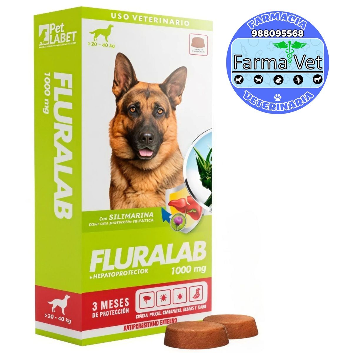 GENERICO - FLURALAB  20  a 40KG (3 MESES) Antipulga con hepatoprotector