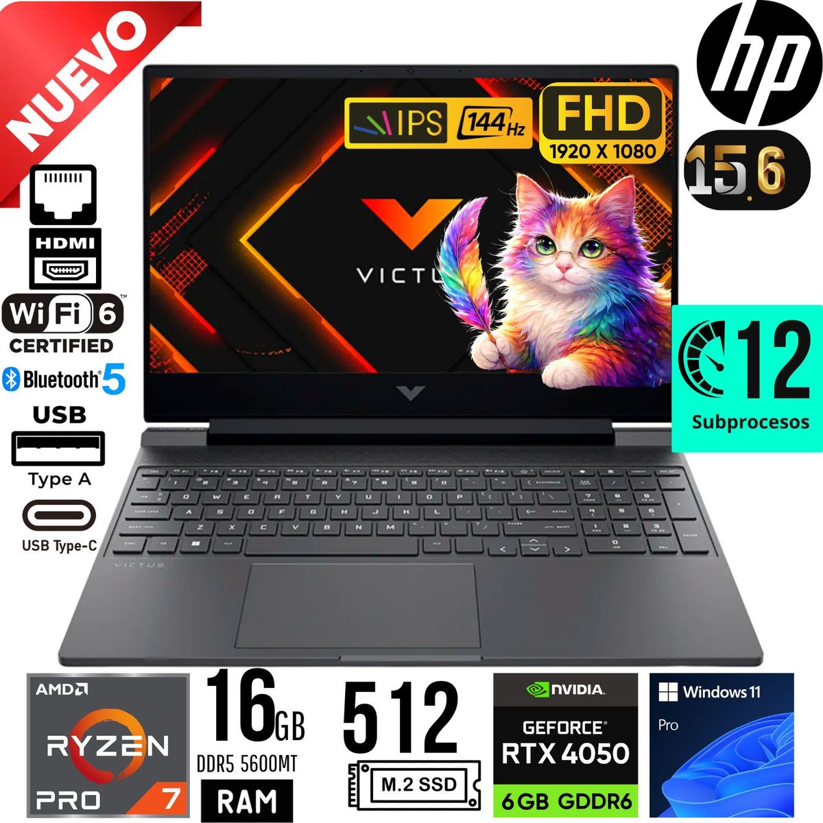 HP - LAPTOP GAMING HP VICTUS 15-FB3022LA 15.6" FHD RYZEN 7 7445HS RAM 16GB SSD 512GB RTX 4050 6GB W11
