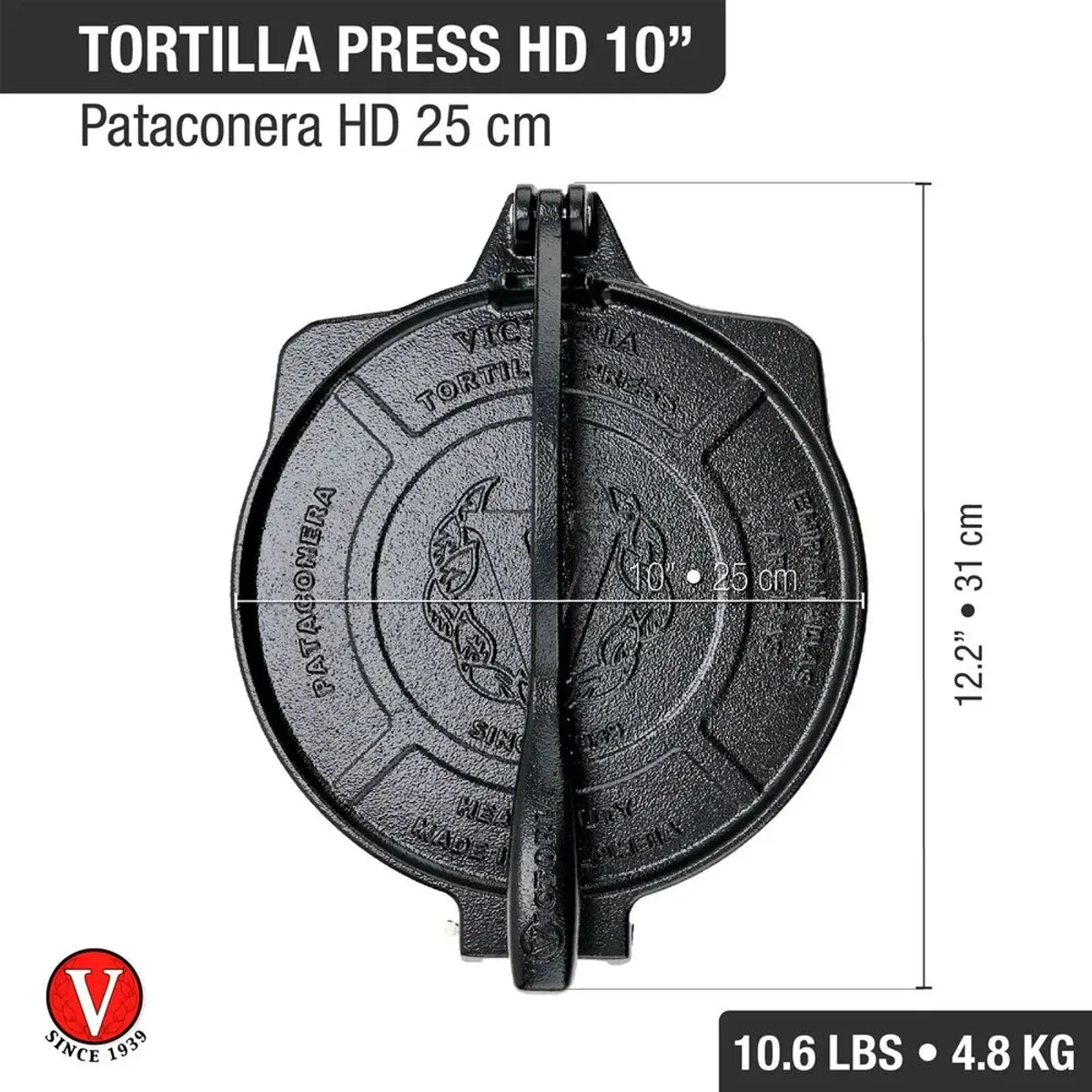 VICTORIA - PRENSA PARA TORTILLAS VICTORIA DE HIERRO FUNDIDO DE 25 CM DE DIAMETRO