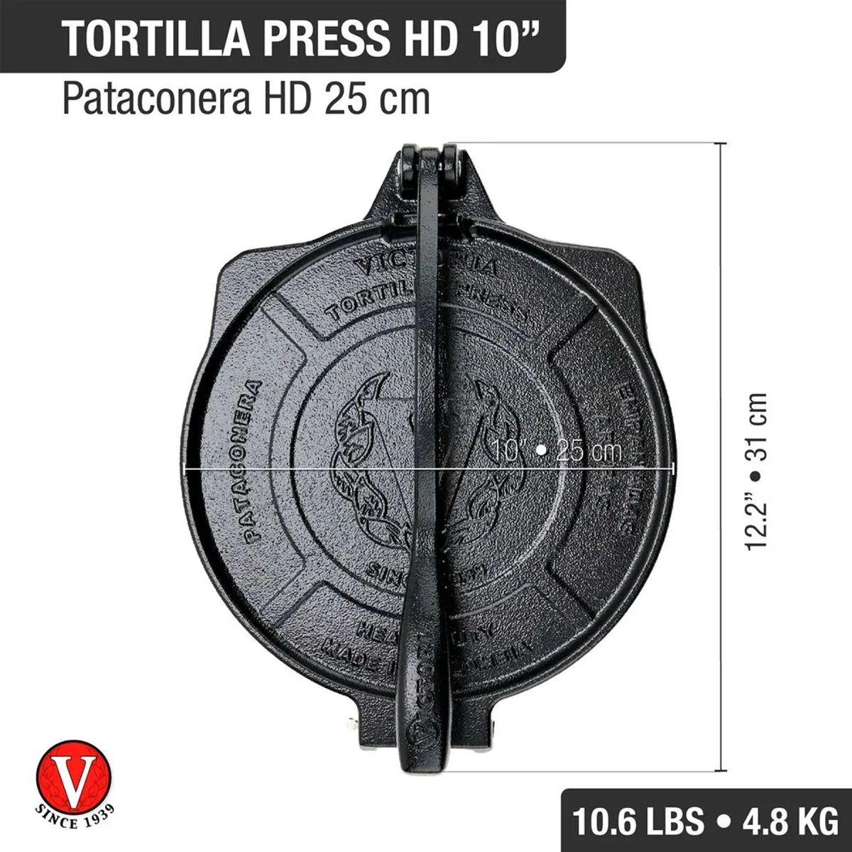 VICTORIA - PRENSA PARA TORTILLAS VICTORIA DE HIERRO FUNDIDO DE 25 CM DE DIAMETRO