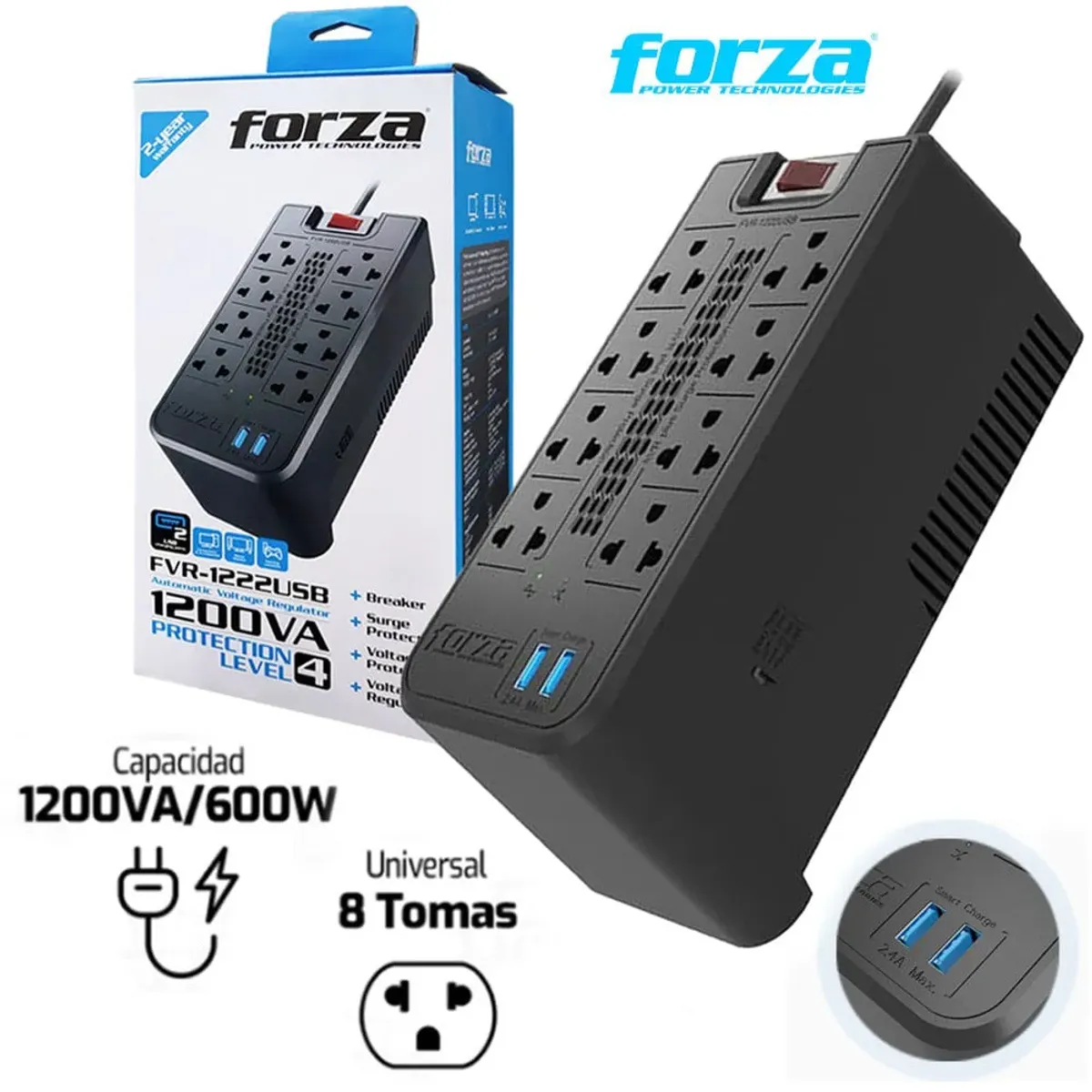 FORZA - Estabilizador De Voltaje Forza Fvr-1222 usb 1200va 600w