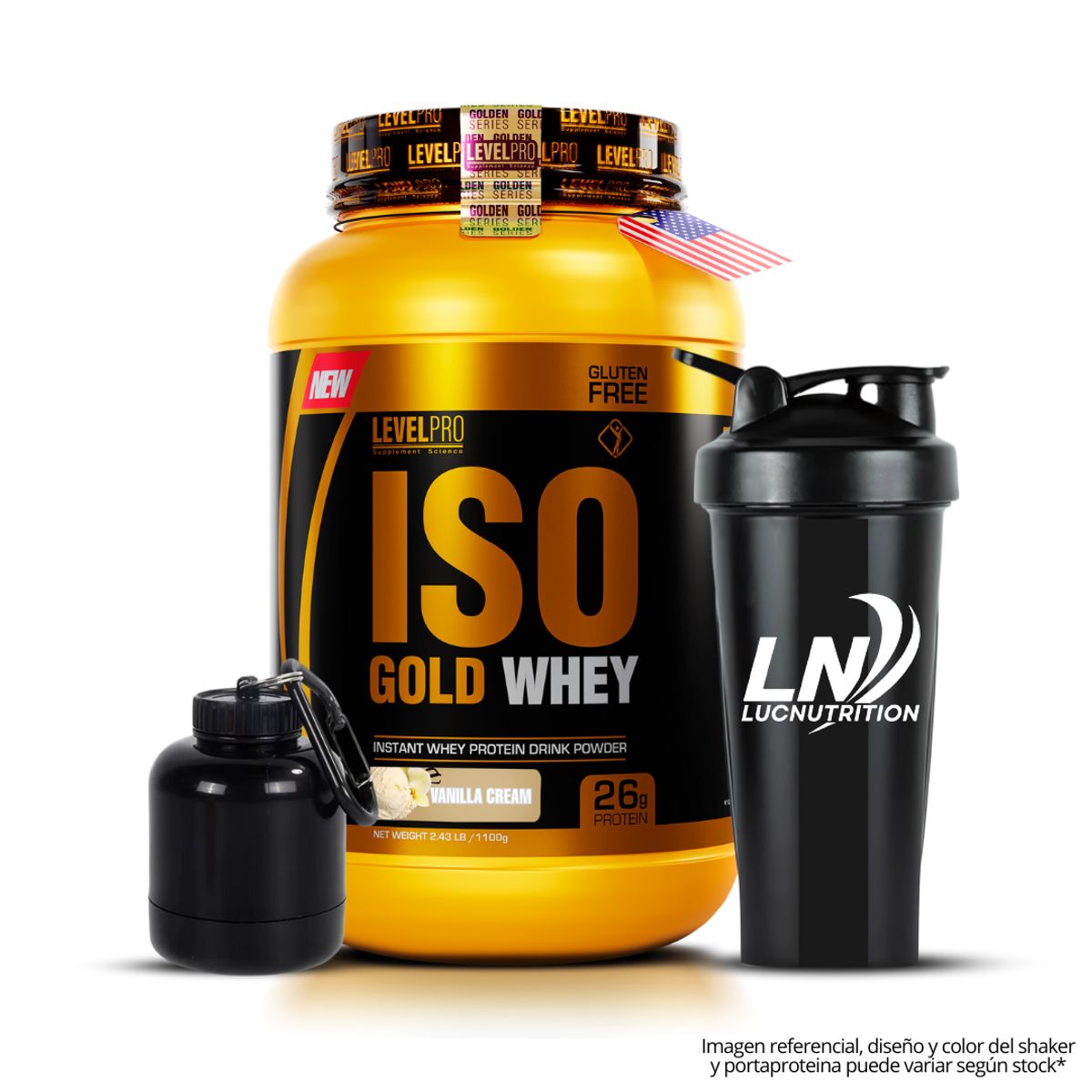LEVEL PRO - Iso Gold Whey 1.1 kg Proteina Aislada - Vainilla + Shaker + Portaproteina