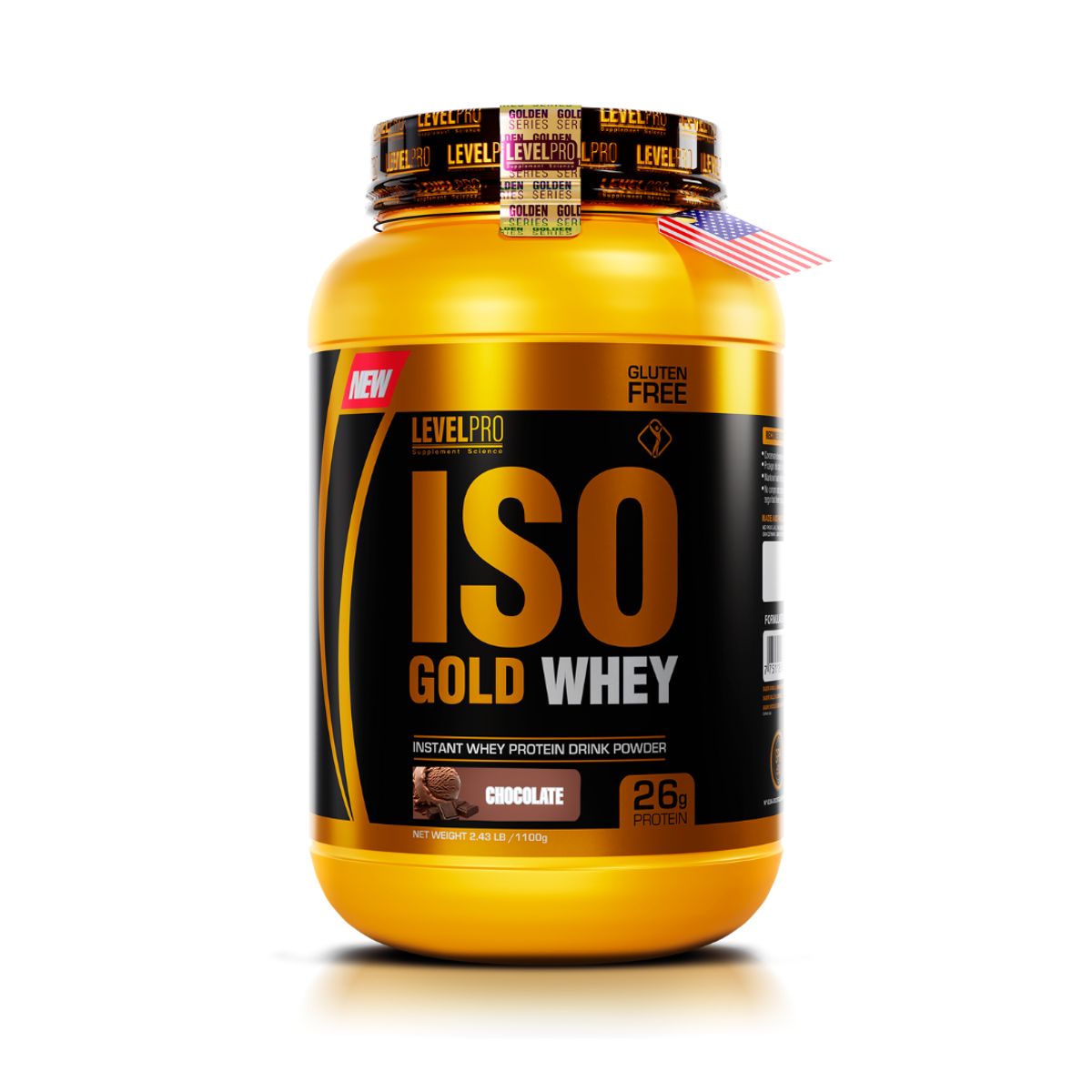LEVEL PRO - Iso Gold Whey 1.1 kg Proteina Aislada - Vainilla + Shaker + Portaproteina