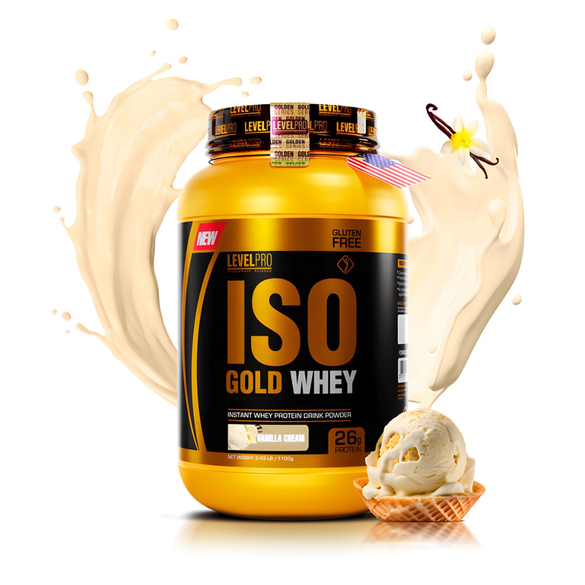LEVEL PRO - Iso Gold Whey 1.1 kg Proteina Isolatada - Vainilla