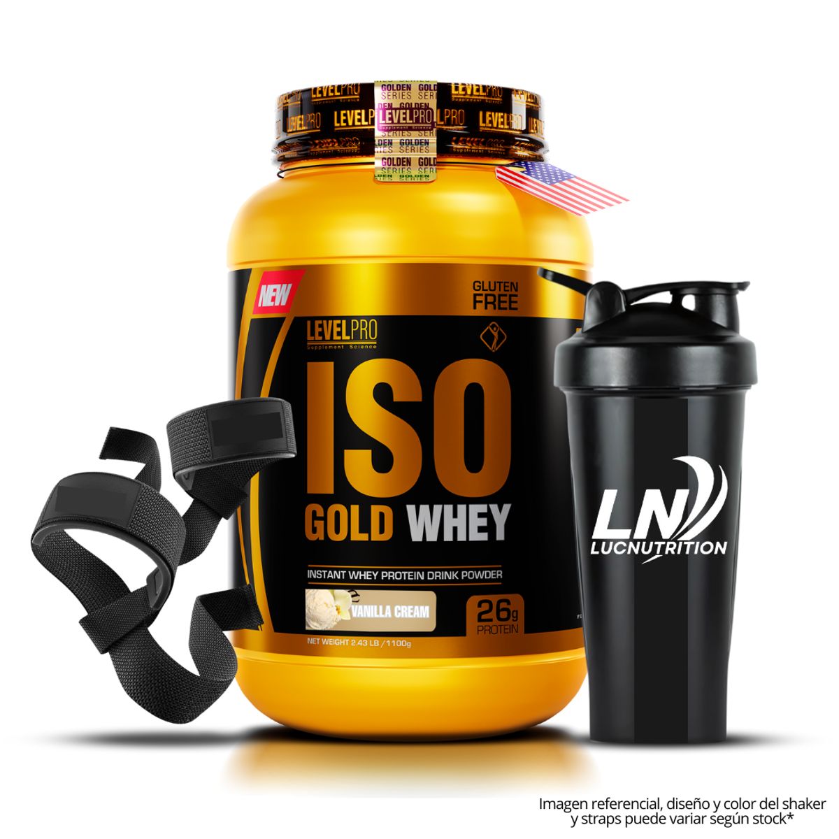 LEVEL PRO - Iso Gold Whey 1.1 kg vainilla + Shaker + straps