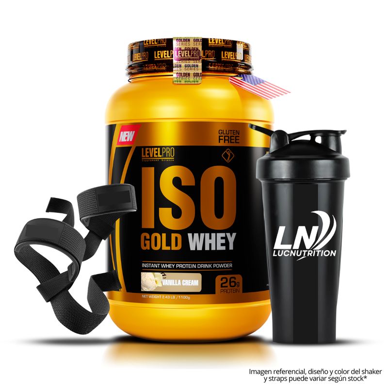 LEVEL PRO - Iso Gold Whey 1.1 kg vainilla + Shaker + straps