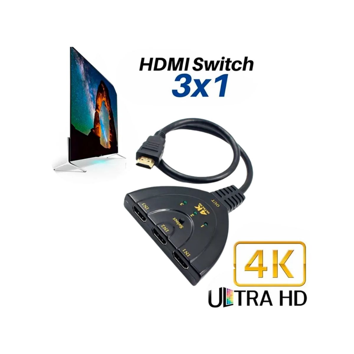 GENERICO - HDMI Switch 4K 3 x 1 Splitter con Cable Full HD 1080p Multiplicador