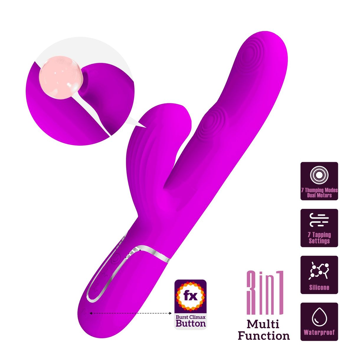 PRETTY LOVE - Vibrador Rabbit Sexual Femenino 3 en 1 Succionador y Pulsación Fucsia