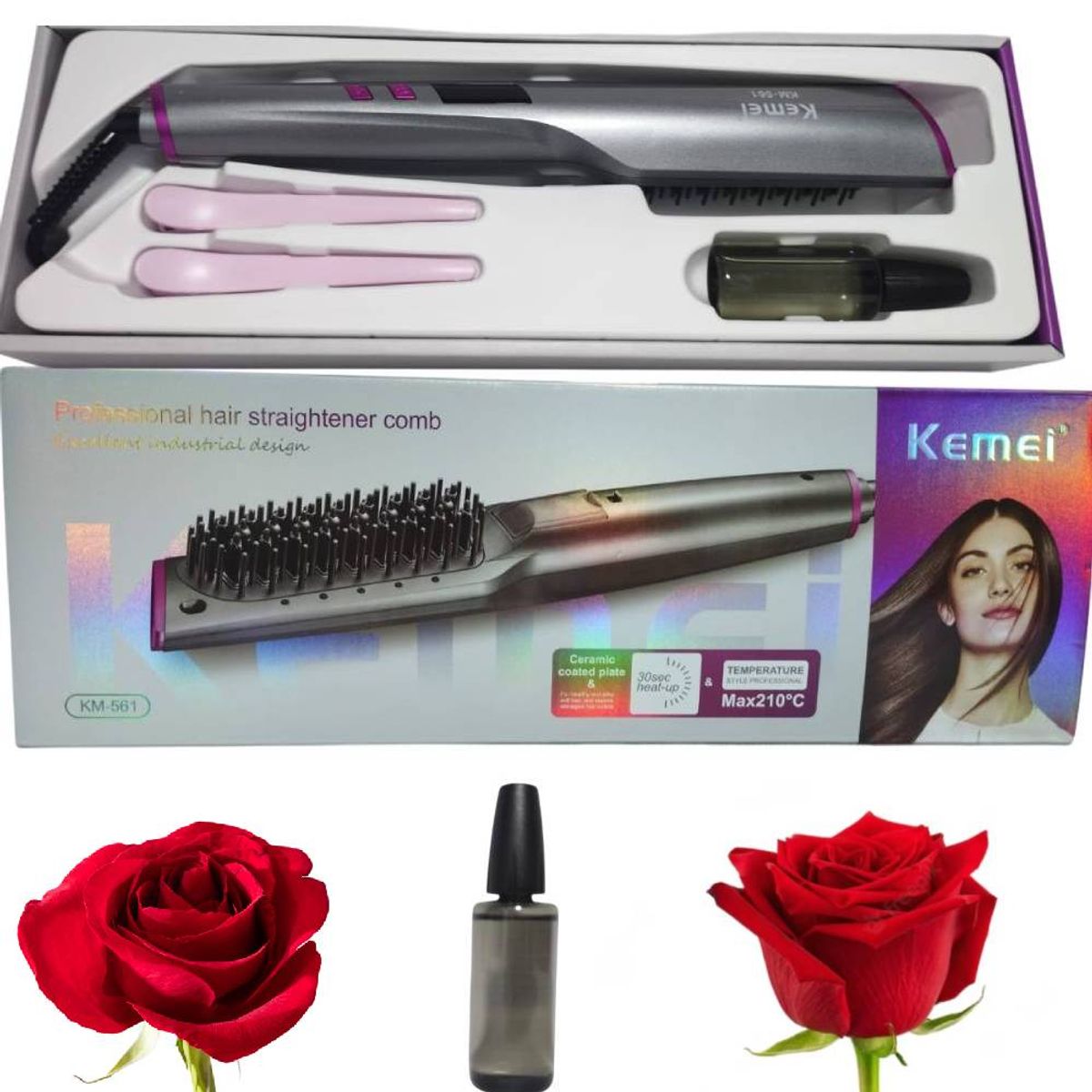 KEMEI - Cepillo alisador KEMEI Profesional Con Dispensador de Aceite