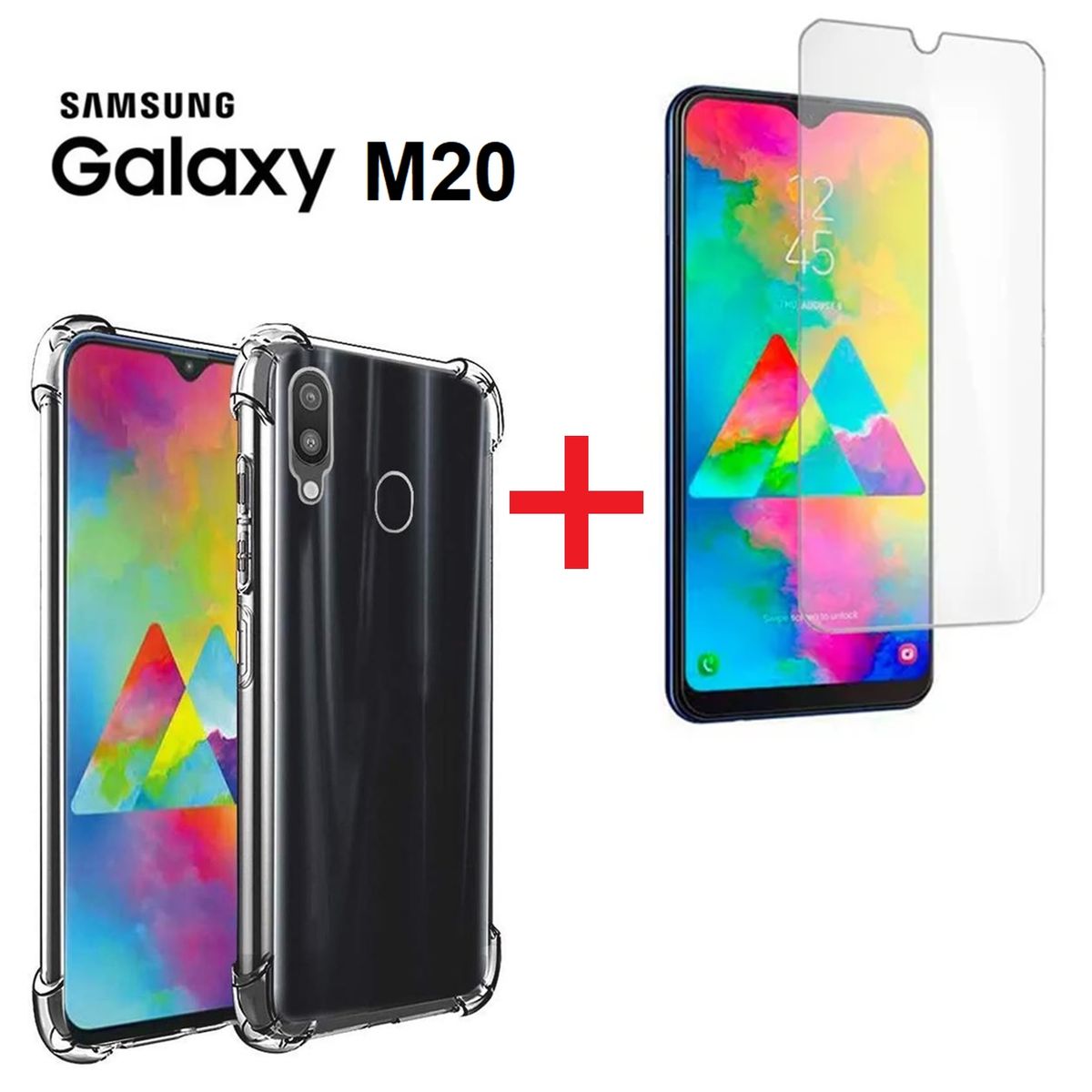 GENERICO - Funda + Mica de Vidrio para Samsung Galaxy M20 Case Transparente