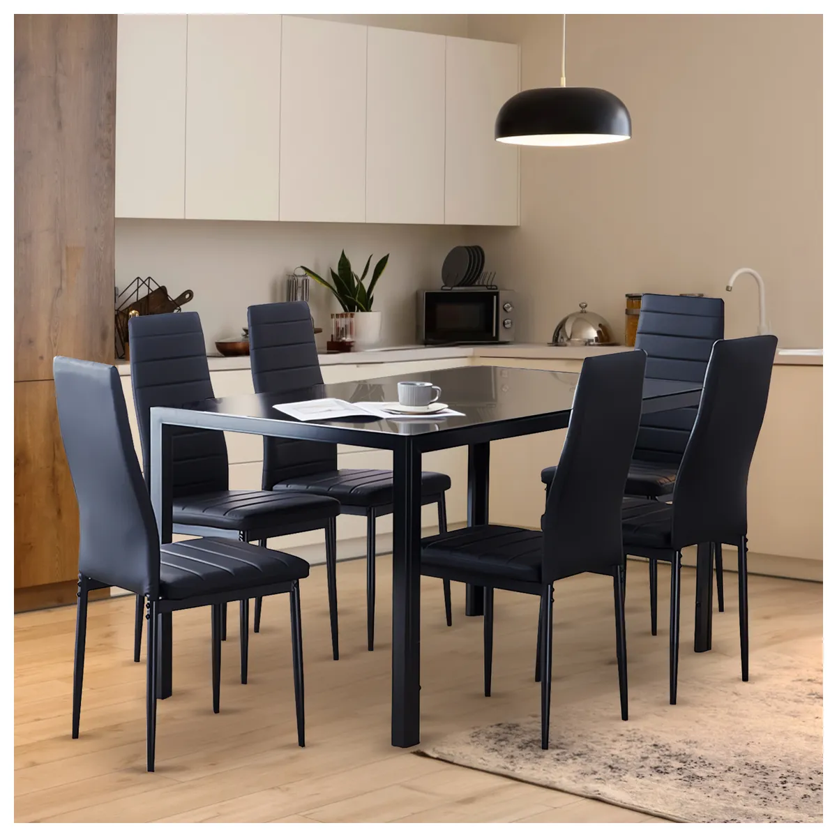 NOVAHUS - Comedor Mesa Vidrio 75x80x150 6 Sillas Pu Negro