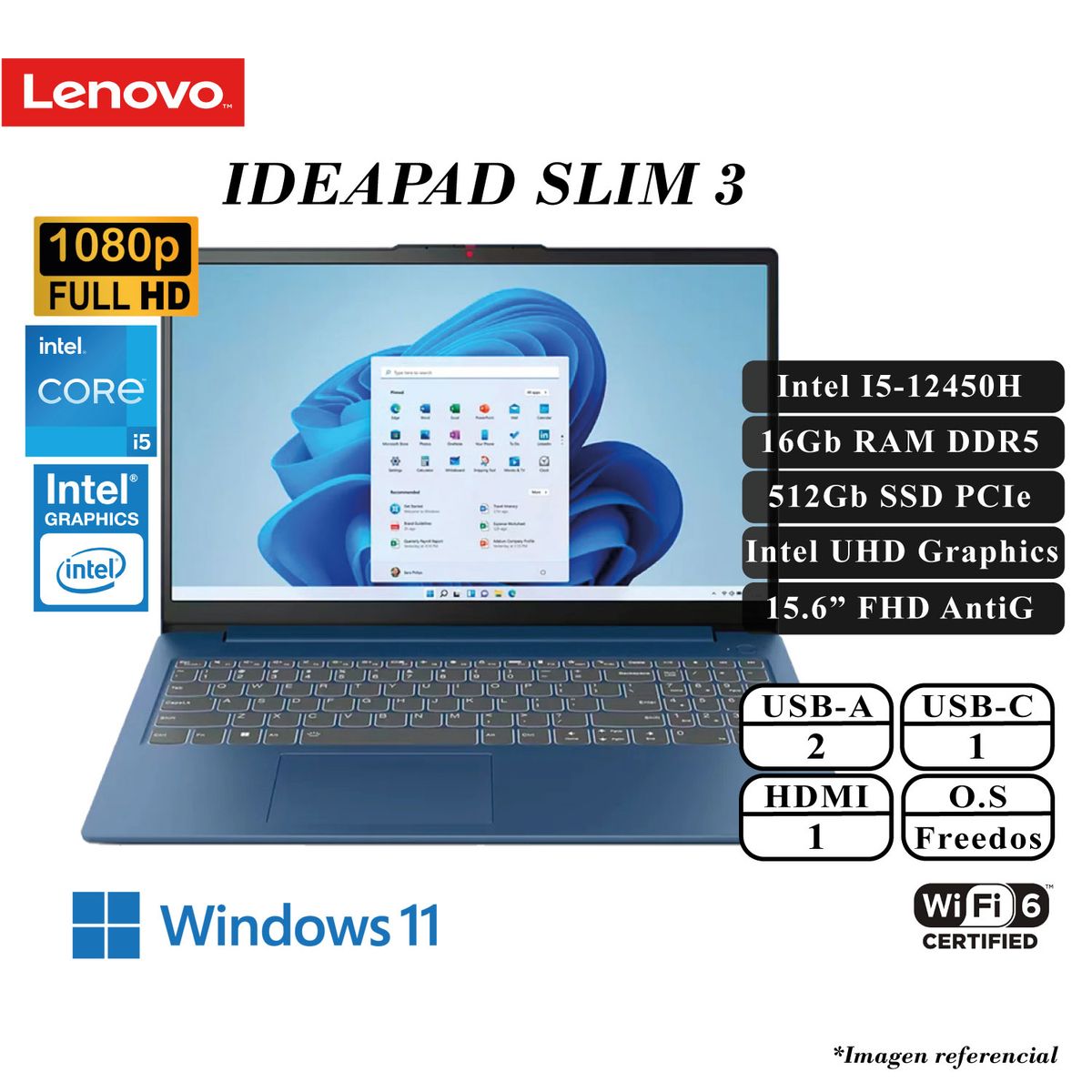 LENOVO - LAPTOP LENOVO IDEAPAD SLIM 3 INTEL I5-12450H 16GB DDR5 512GB SSD INTEL UHD 15.6 FHD FD