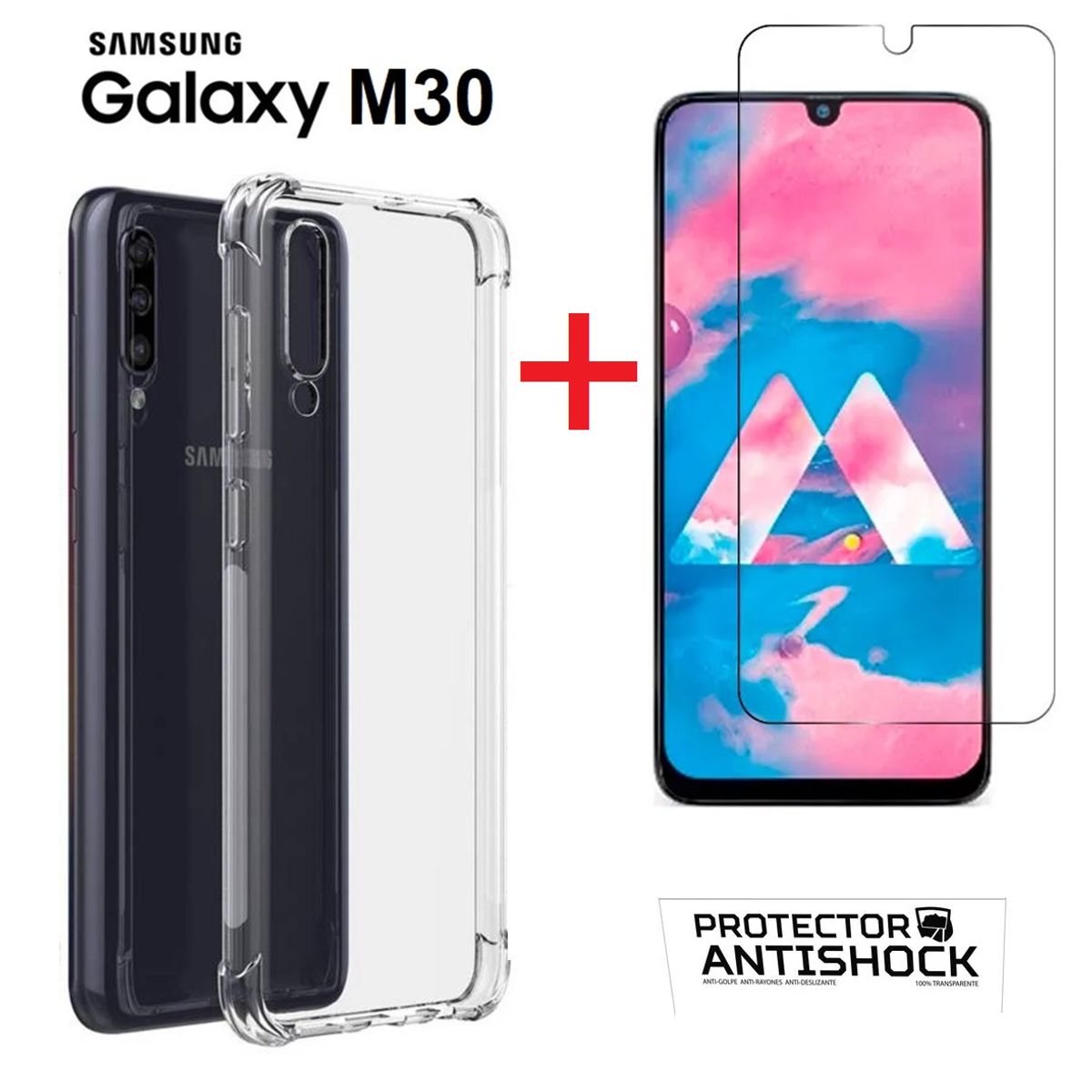 GENERICO - Funda + Mica de Vidrio para Samsung Galaxy M30 Case Transparente