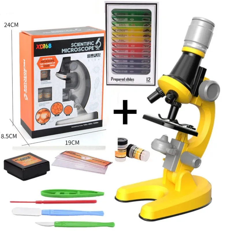 GENERICO - Microscopio Educativo Cientifico AMARILLO + CAJA DE 12 MUESTRAS