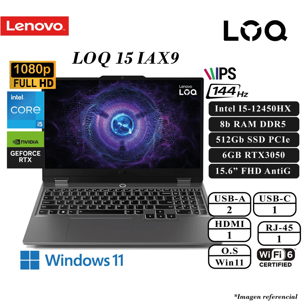 LENOVO - LAPTOP LENOVO LOQ 15 INTEL I5-12450HX 8GB DDR5 512GB SSD 6GB RTX3050 15.6 FHD 144HZ LUNA GREY