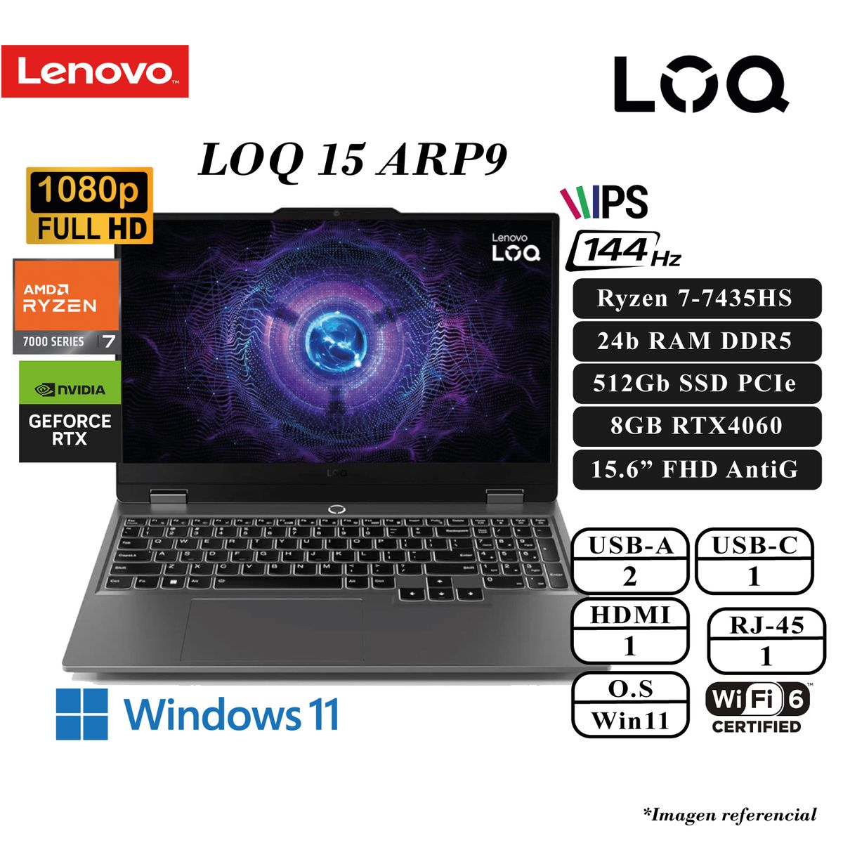 LENOVO - LENOVO LOQ 15ARP9 RYZEN 7-7435HS 24GB DDR5 512GB SSD 8GB RTX4060 15.6 FHD IPS 144HZ W11