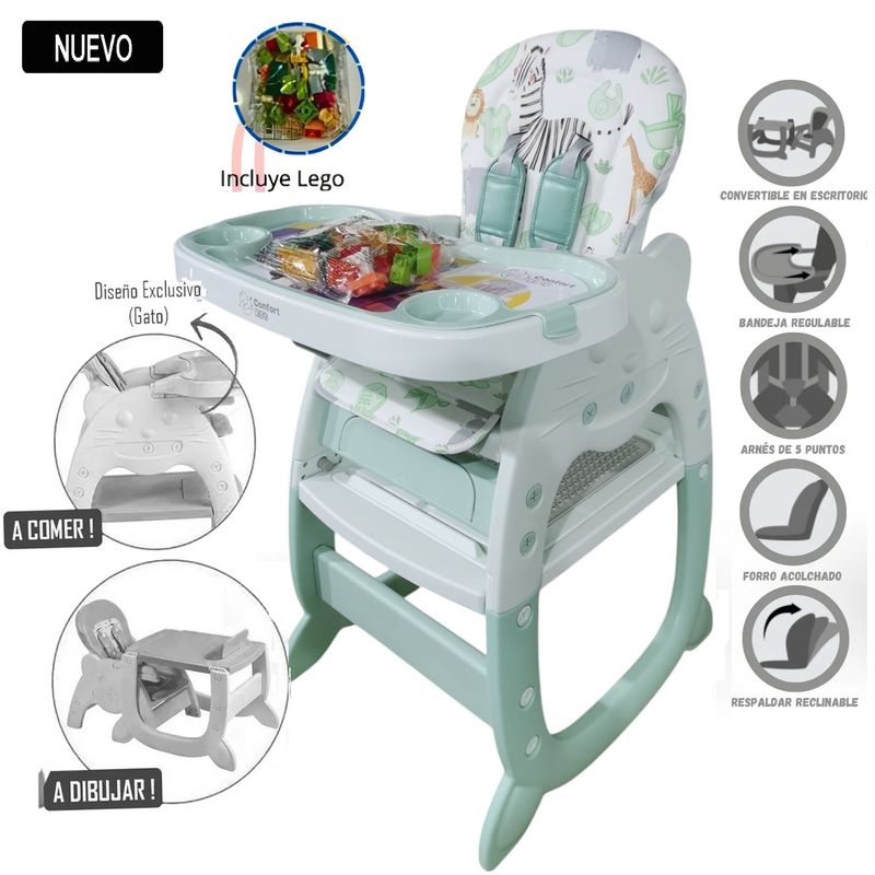 CONFORT - Silla de Comer 3 en 1 Panda + Juego de Lego Verde
